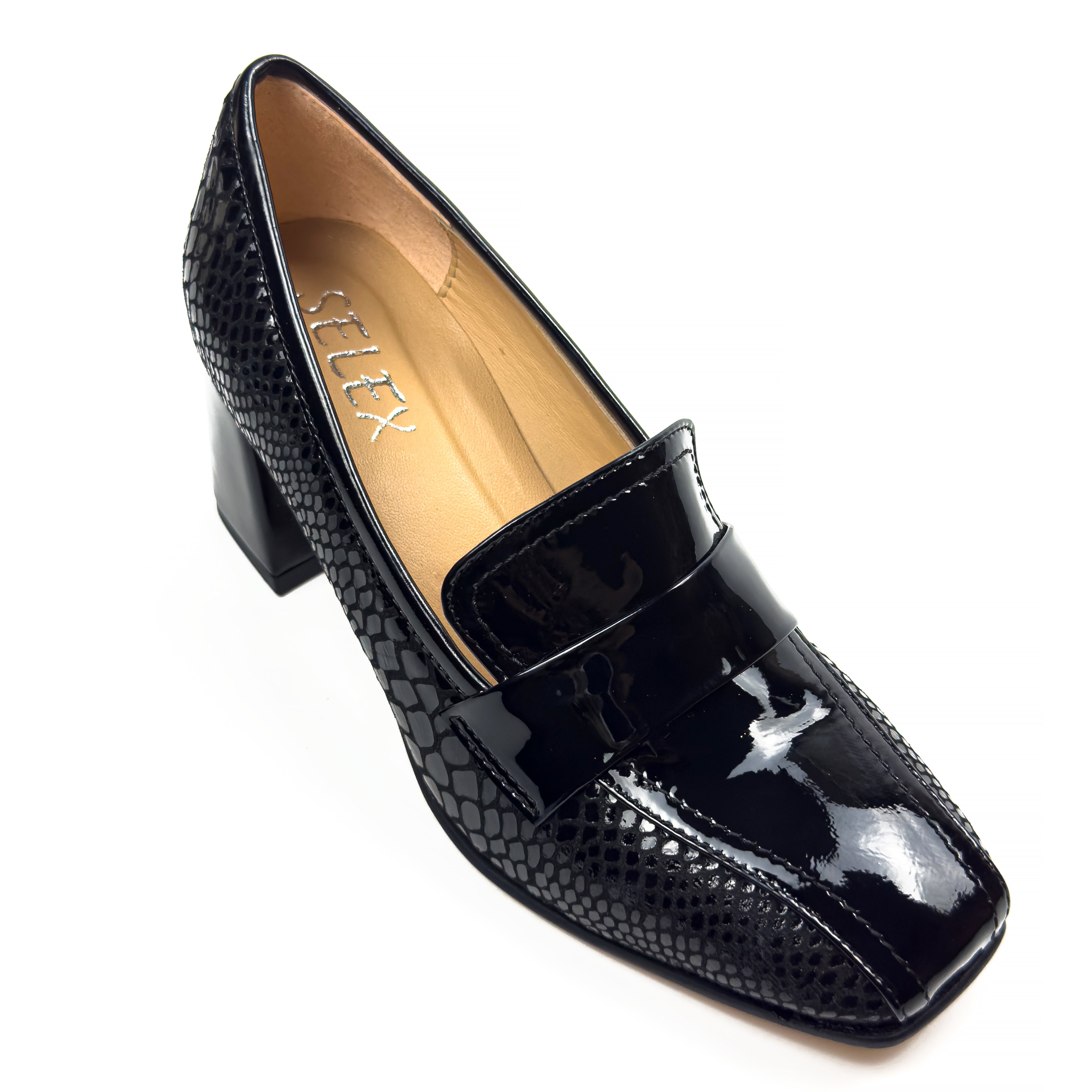 Mocassins à Talon Carré pour Femme en Vrai Cuir Effet Croco