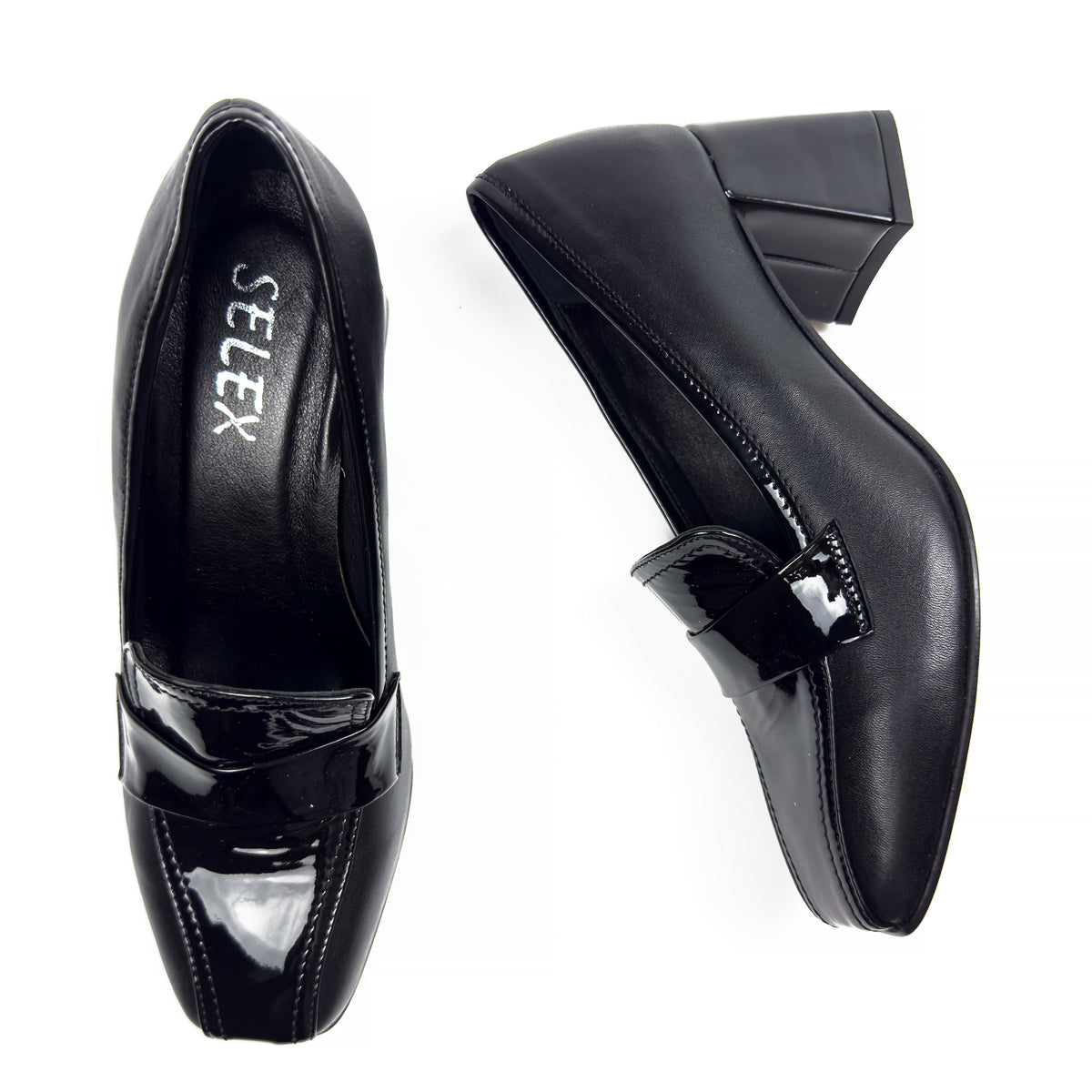 Mocassins à Talon Carré pour Femme en Vrai Cuir Lisse et Verni