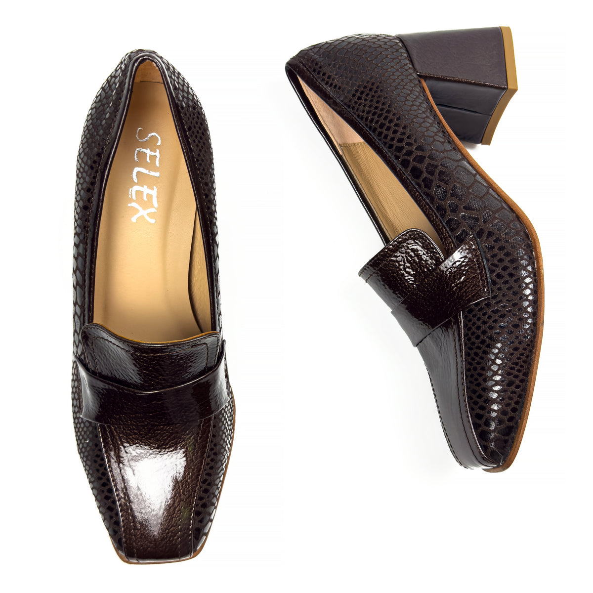Mocassins à Talon Carré pour Femme en Vrai Cuir Effet Croco