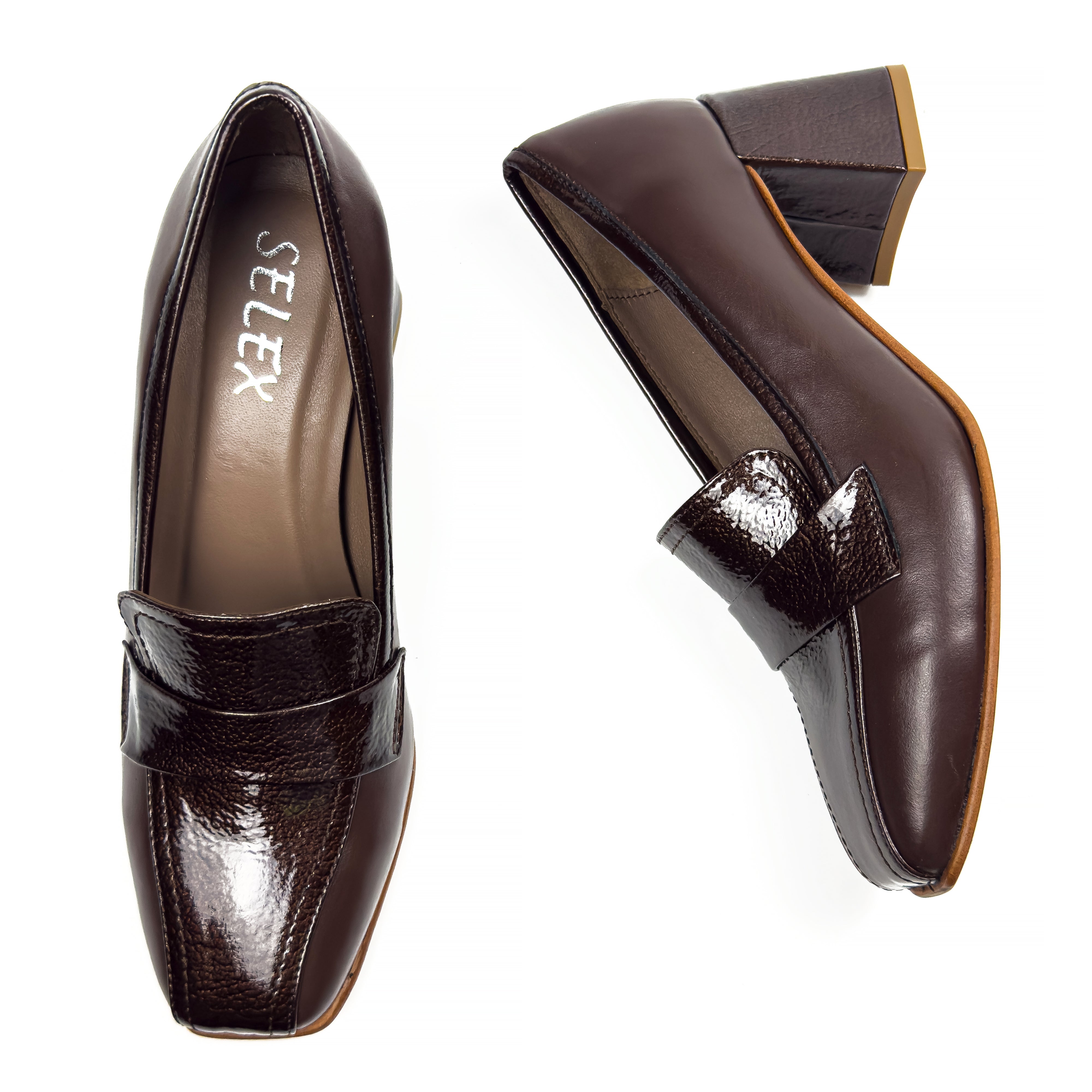 Mocassins à Talon Carré pour Femme en Vrai Cuir Lisse et Verni