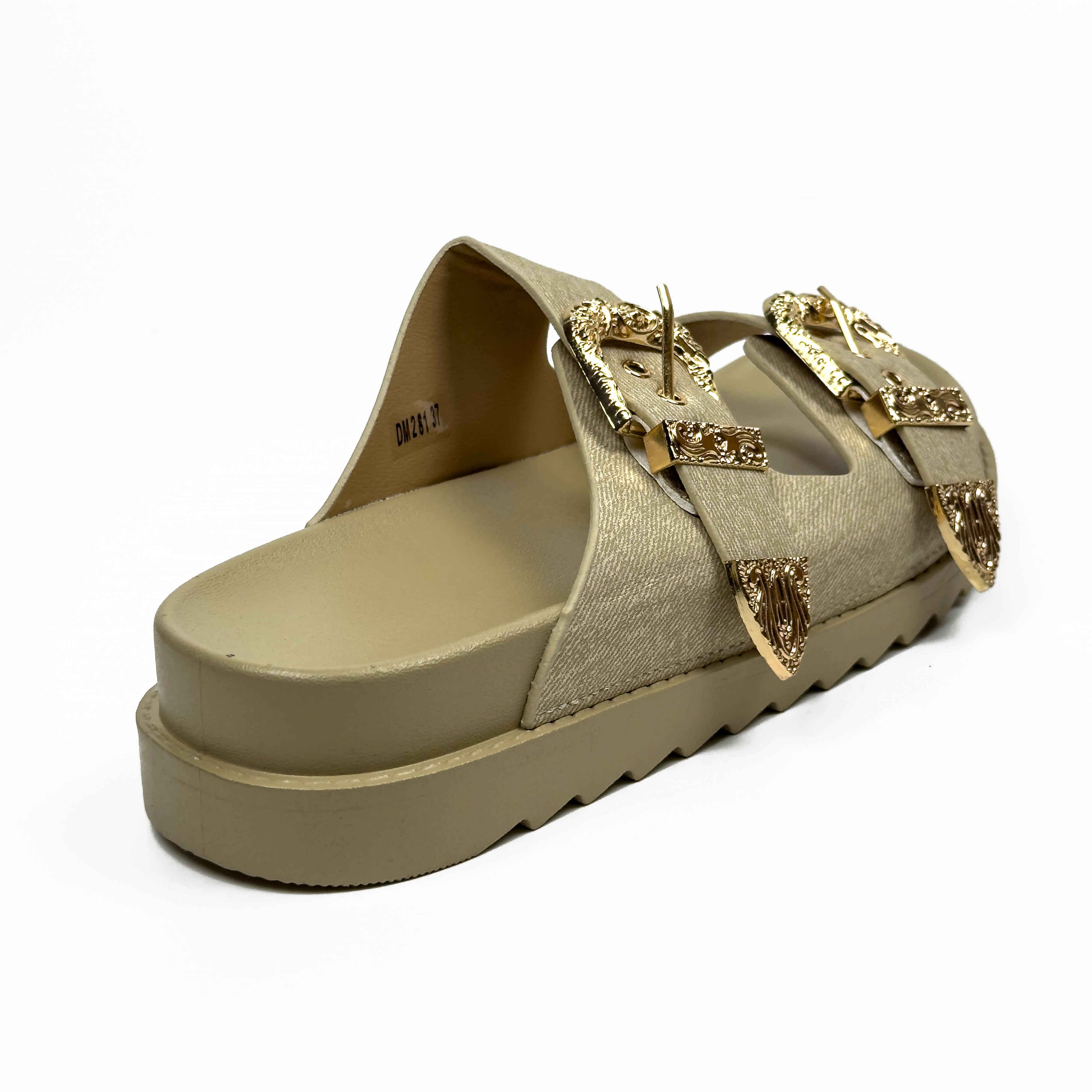 Sandales Mules à Double Bride et Boucles Dorées Cisclées