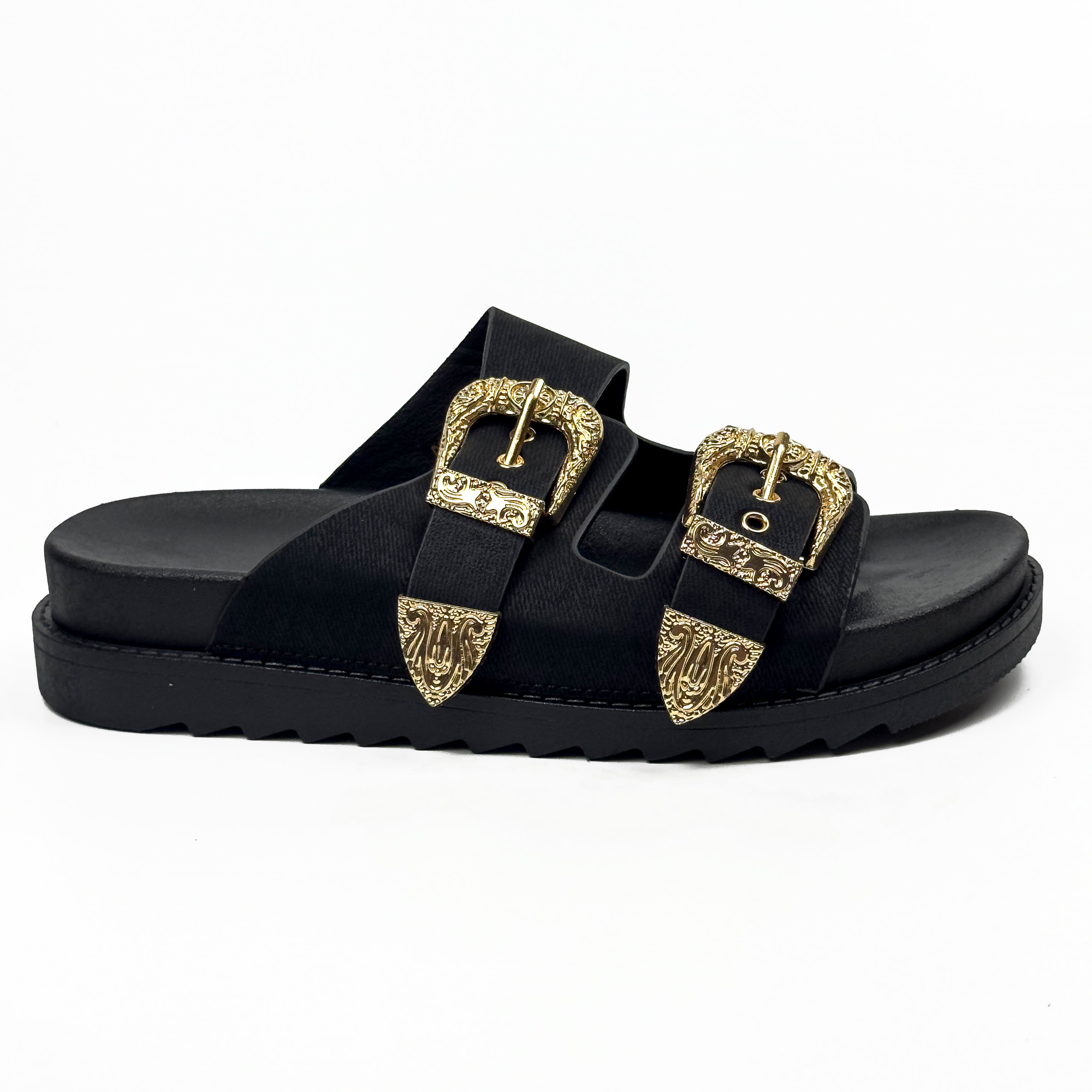 Sandales Mules à Double Bride et Boucles Dorées Cisclées