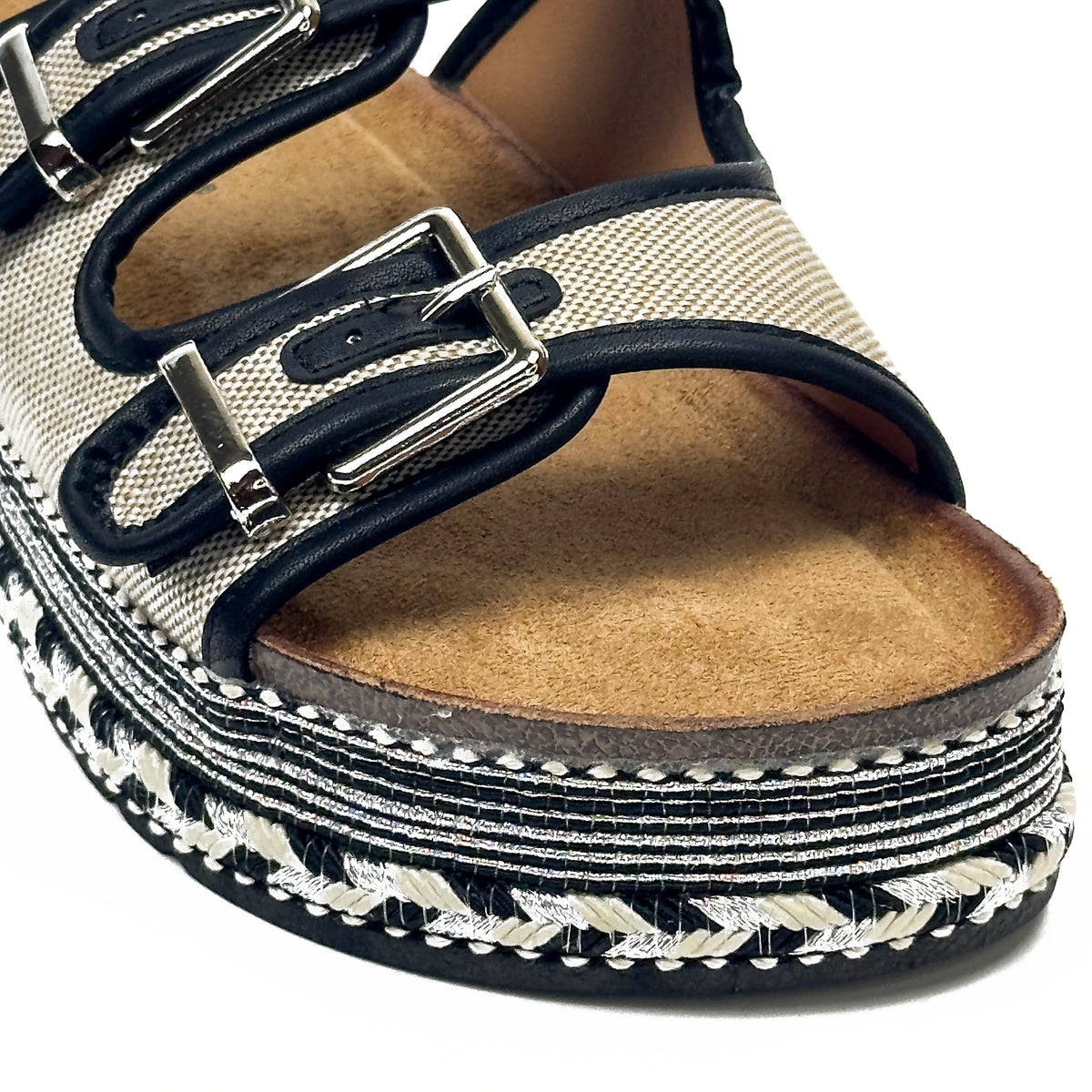 Sandales Plates Plateformes Boho Chic en Toile Tressée & Bords Tressés Argentés