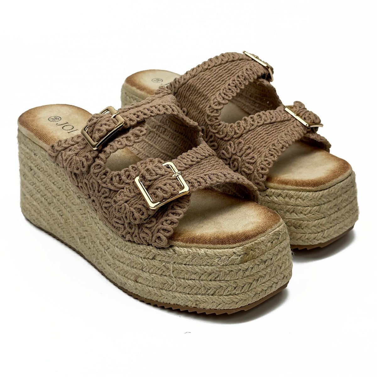 Sandales Compensées Style Espadrille en Crochet Crocheté & Boucles Dorées