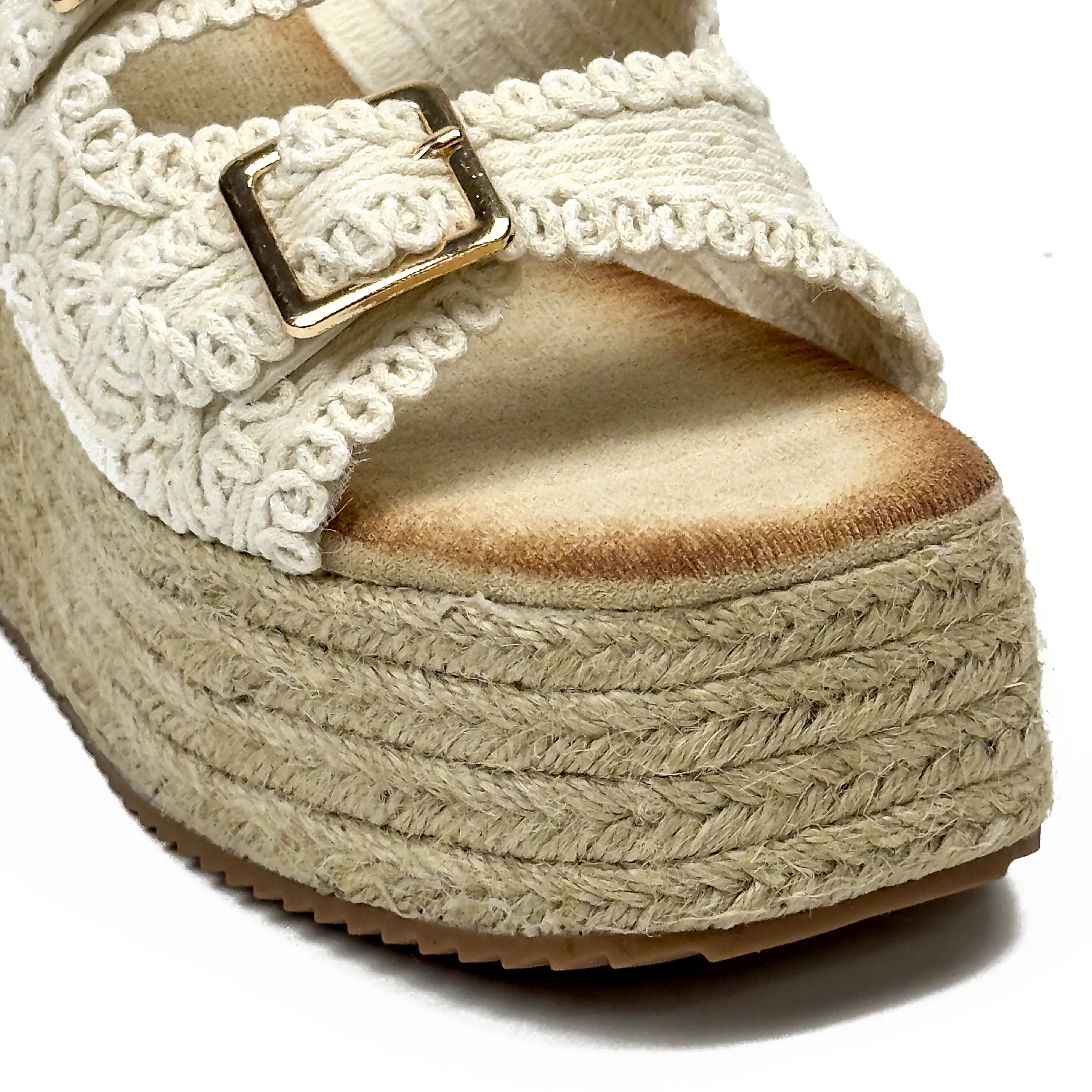 Sandales Compensées Style Espadrille en Crochet Crocheté & Boucles Dorées