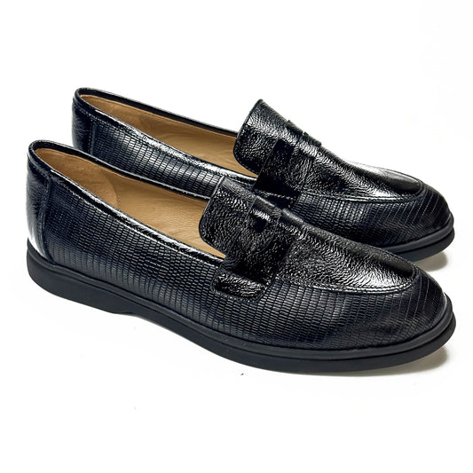Mocassins femme en cuir 100 % noir à finition texturée, vue de la paire – SELEX