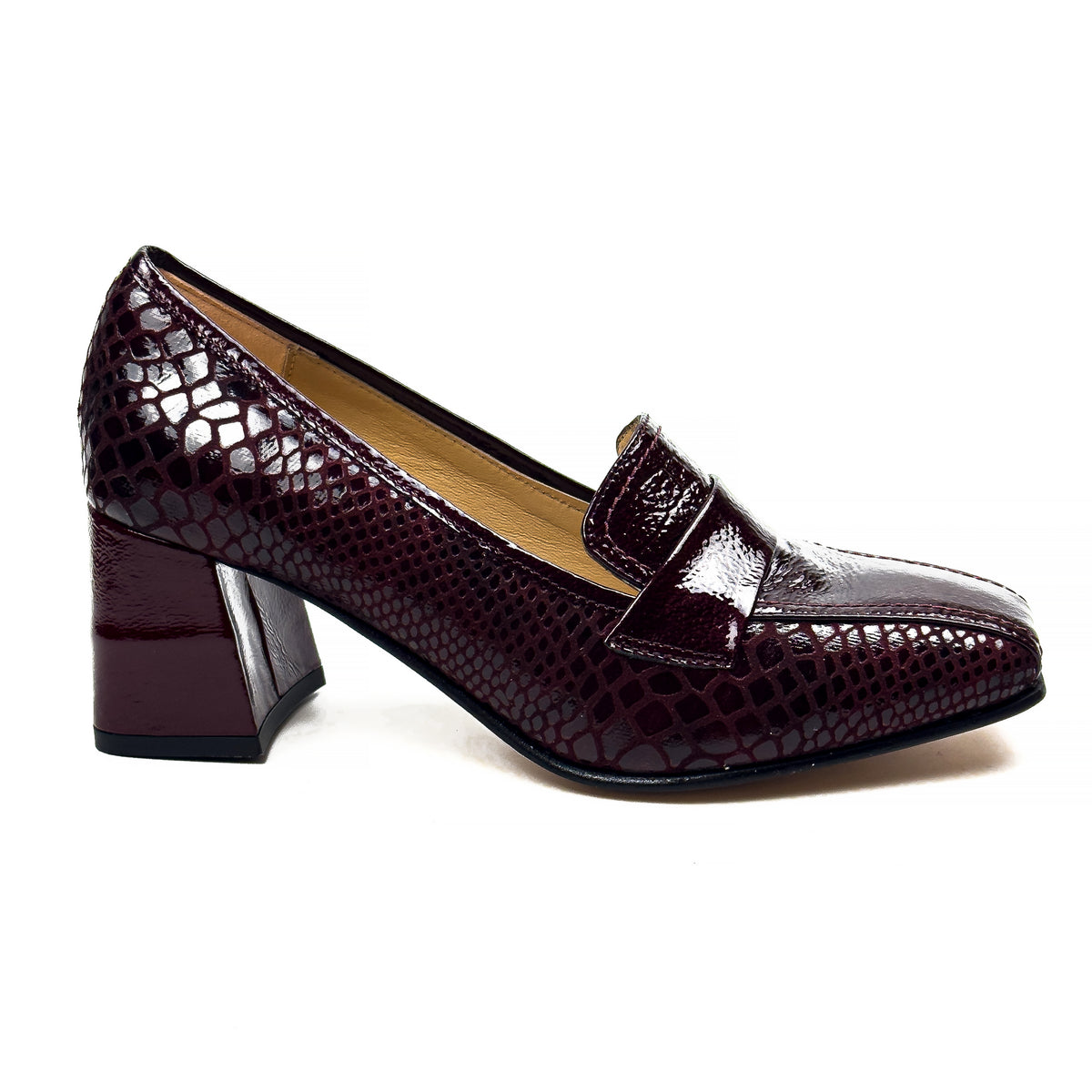 Mocassins à Talon Carré pour Femme en Vrai Cuir Effet Croco