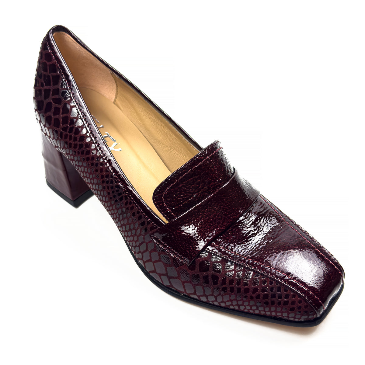 Mocassins à Talon Carré pour Femme en Vrai Cuir Effet Croco