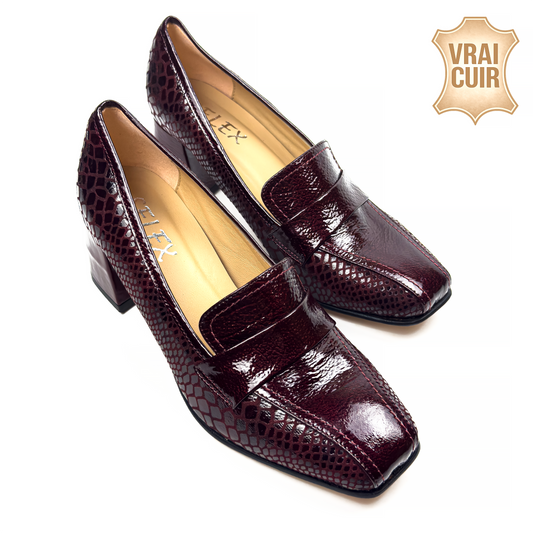 Mocassins à Talon Carré pour Femme en Vrai Cuir Effet Croco