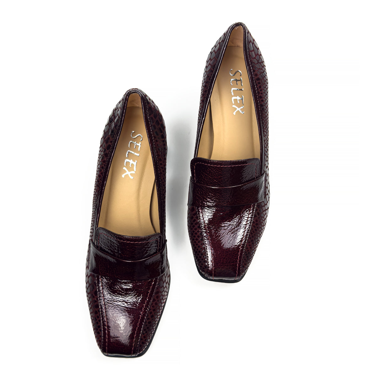 Mocassins à Talon Carré pour Femme en Vrai Cuir Effet Croco