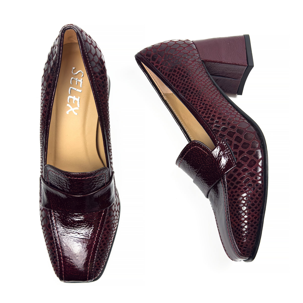 Mocassins à Talon Carré pour Femme en Vrai Cuir Effet Croco