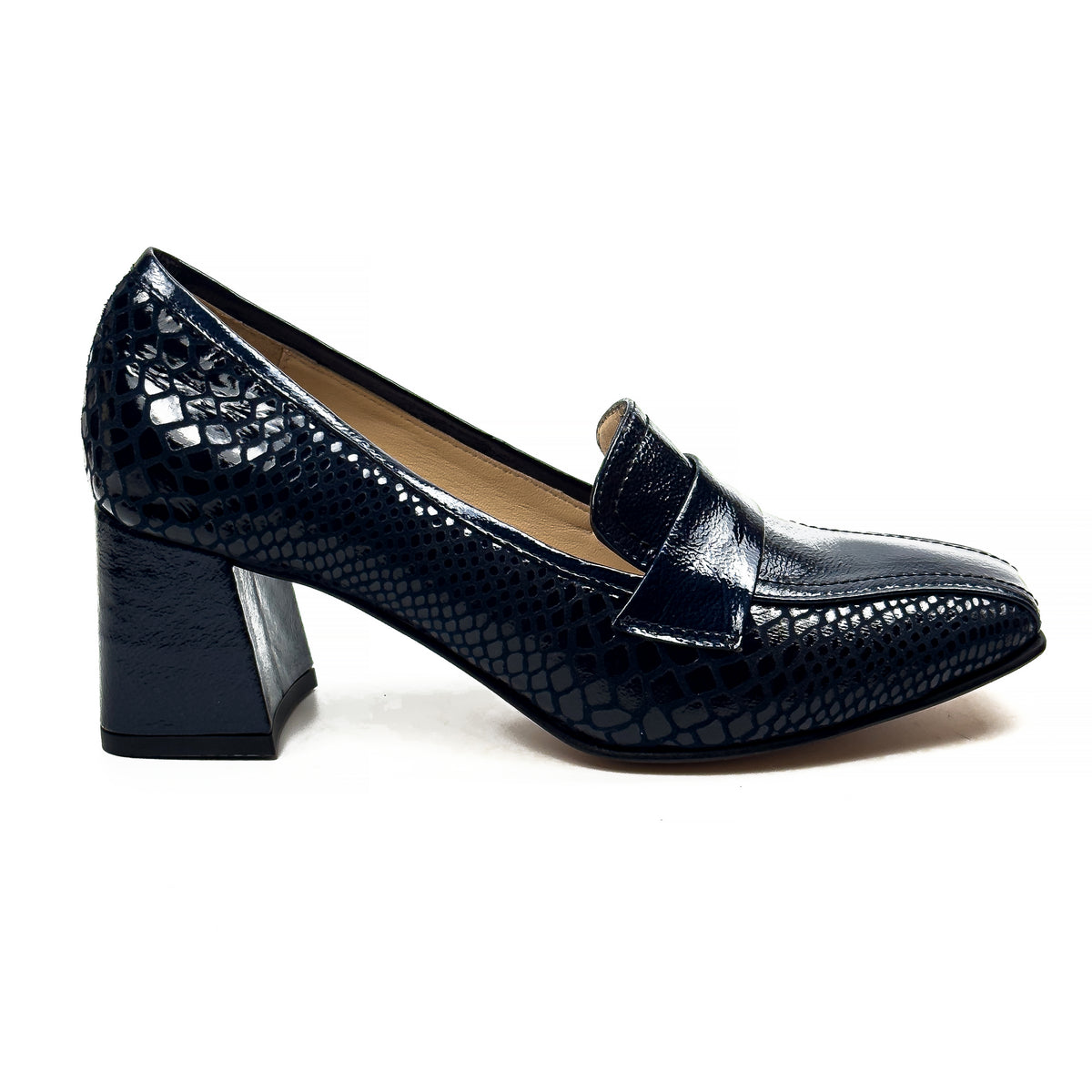 Mocassins à Talon Carré pour Femme en Vrai Cuir Effet Croco