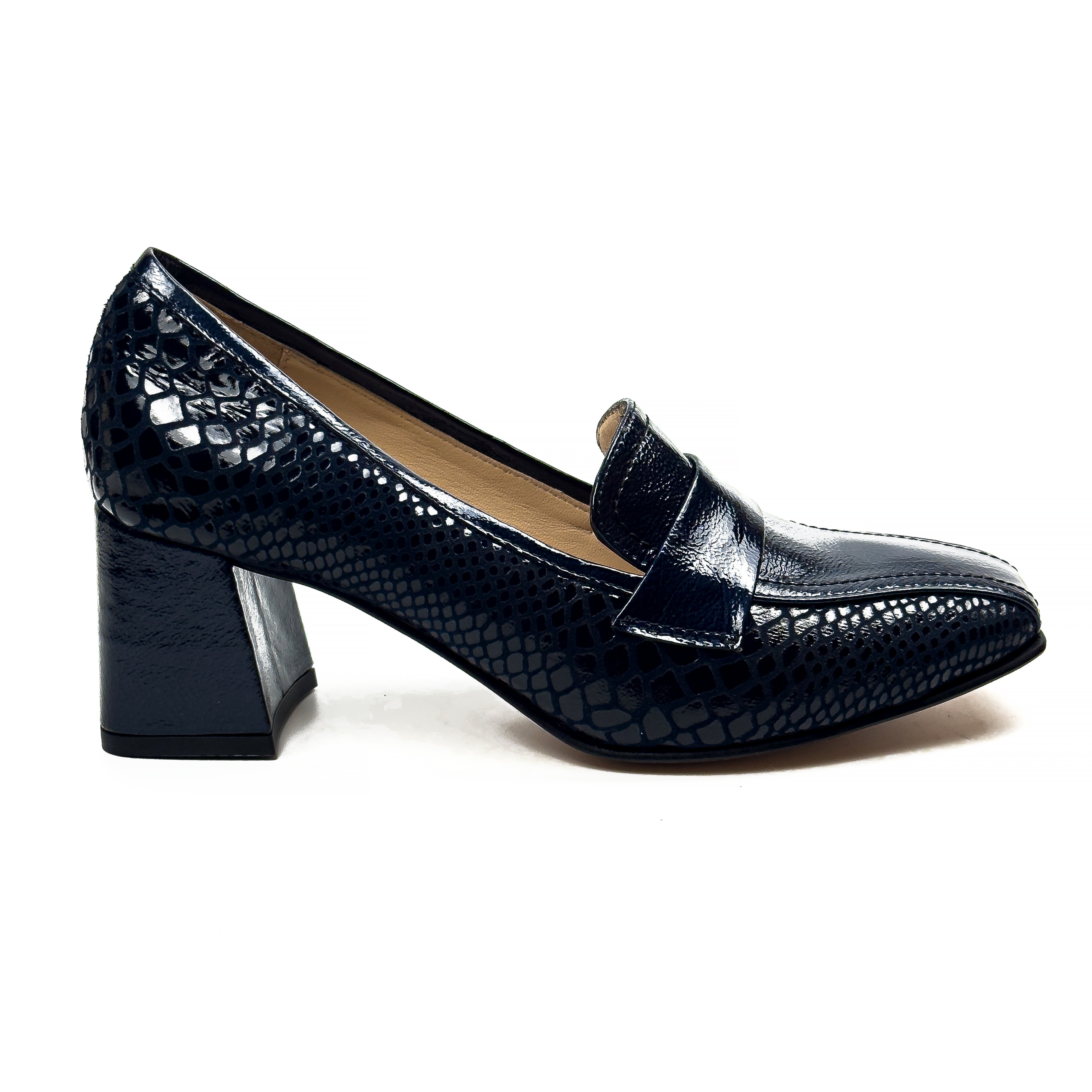 Mocassins à Talon Carré pour Femme en Vrai Cuir Effet Croco