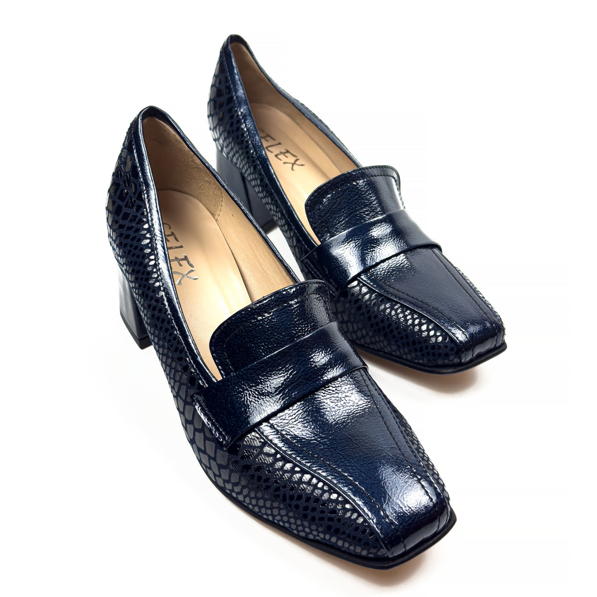 Mocassins à Talon Carré pour Femme en Vrai Cuir Effet Croco