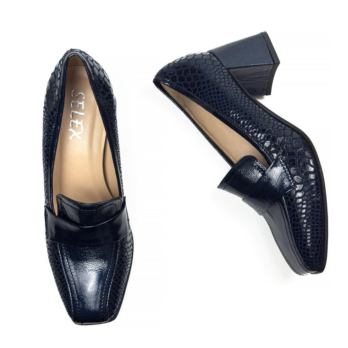 Mocassins à Talon Carré pour Femme en Vrai Cuir Effet Croco