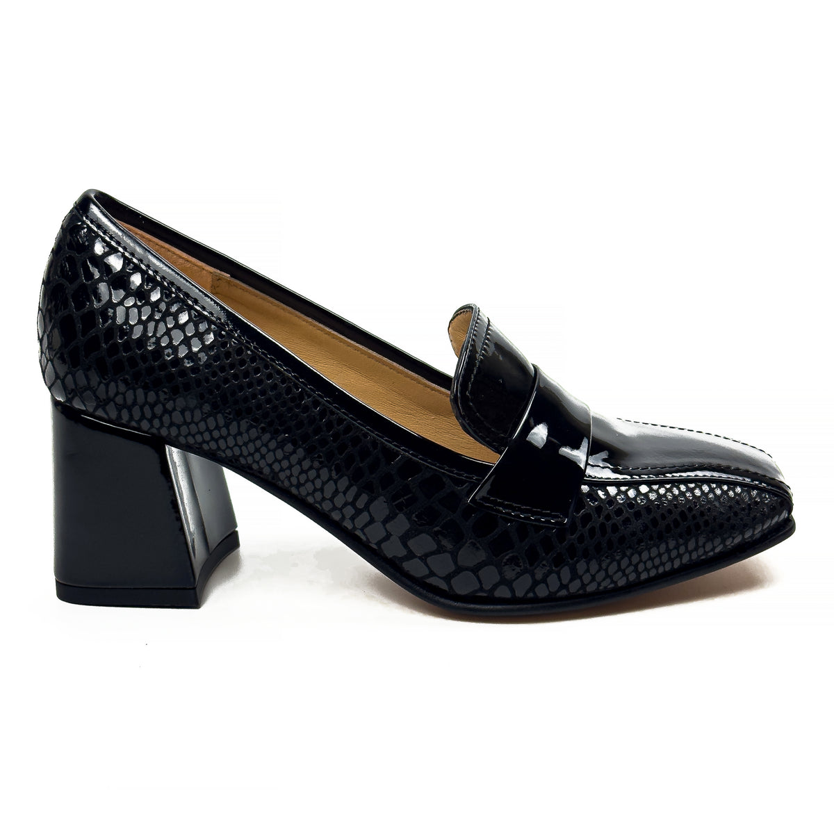 Mocassins à Talon Carré pour Femme en Vrai Cuir Effet Croco