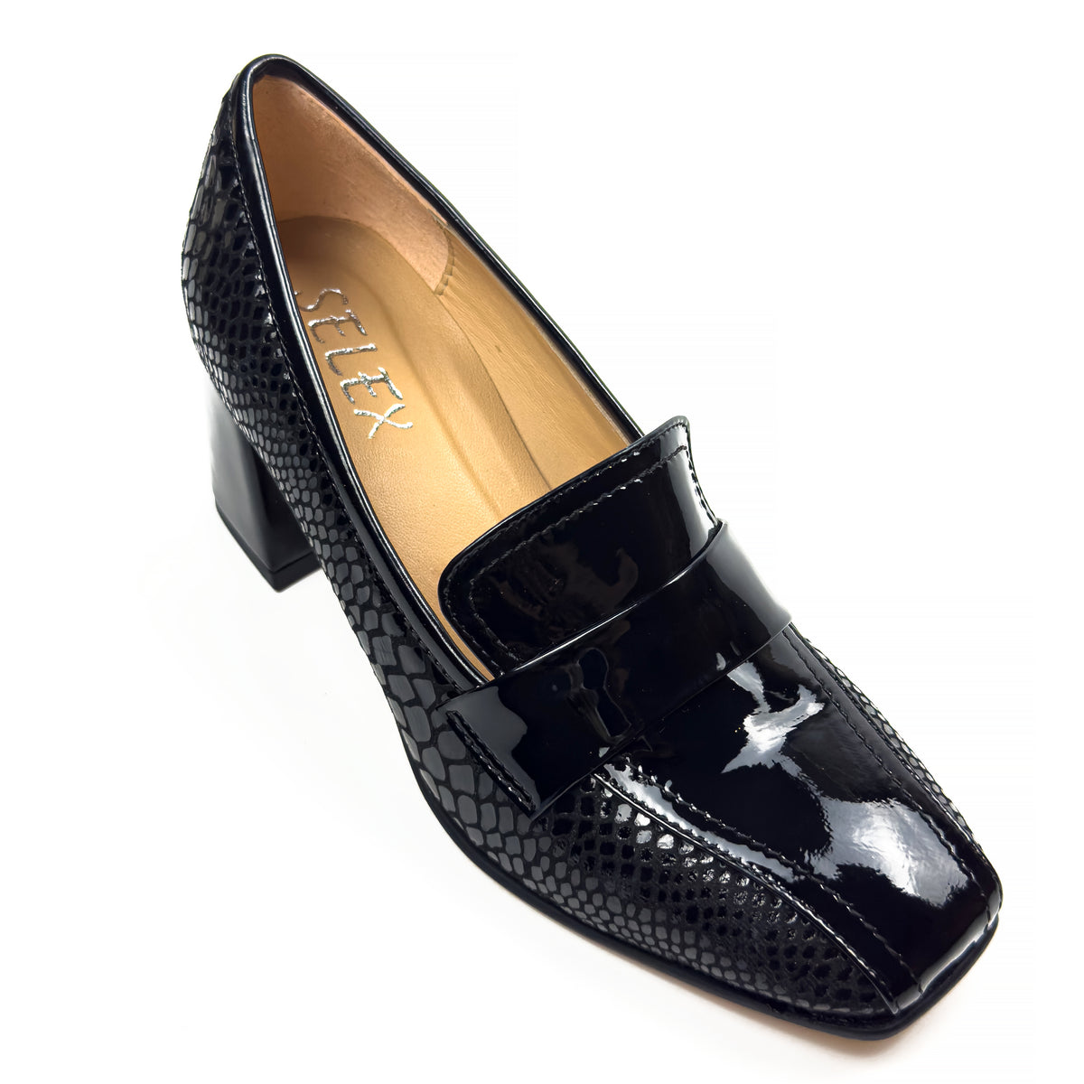 Mocassins à Talon Carré pour Femme en Vrai Cuir Effet Croco