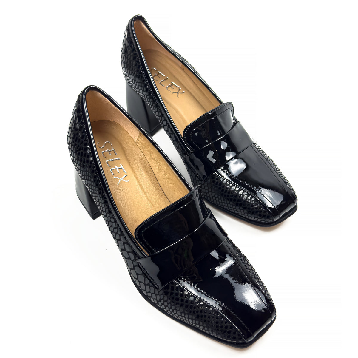 Mocassins à Talon Carré pour Femme en Vrai Cuir Effet Croco