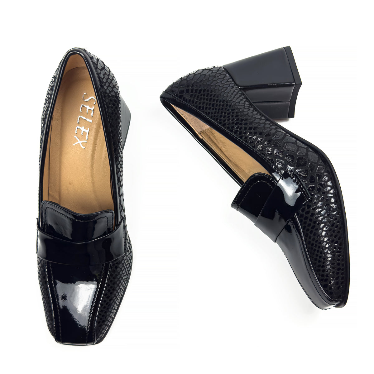Mocassins à Talon Carré pour Femme en Vrai Cuir Effet Croco