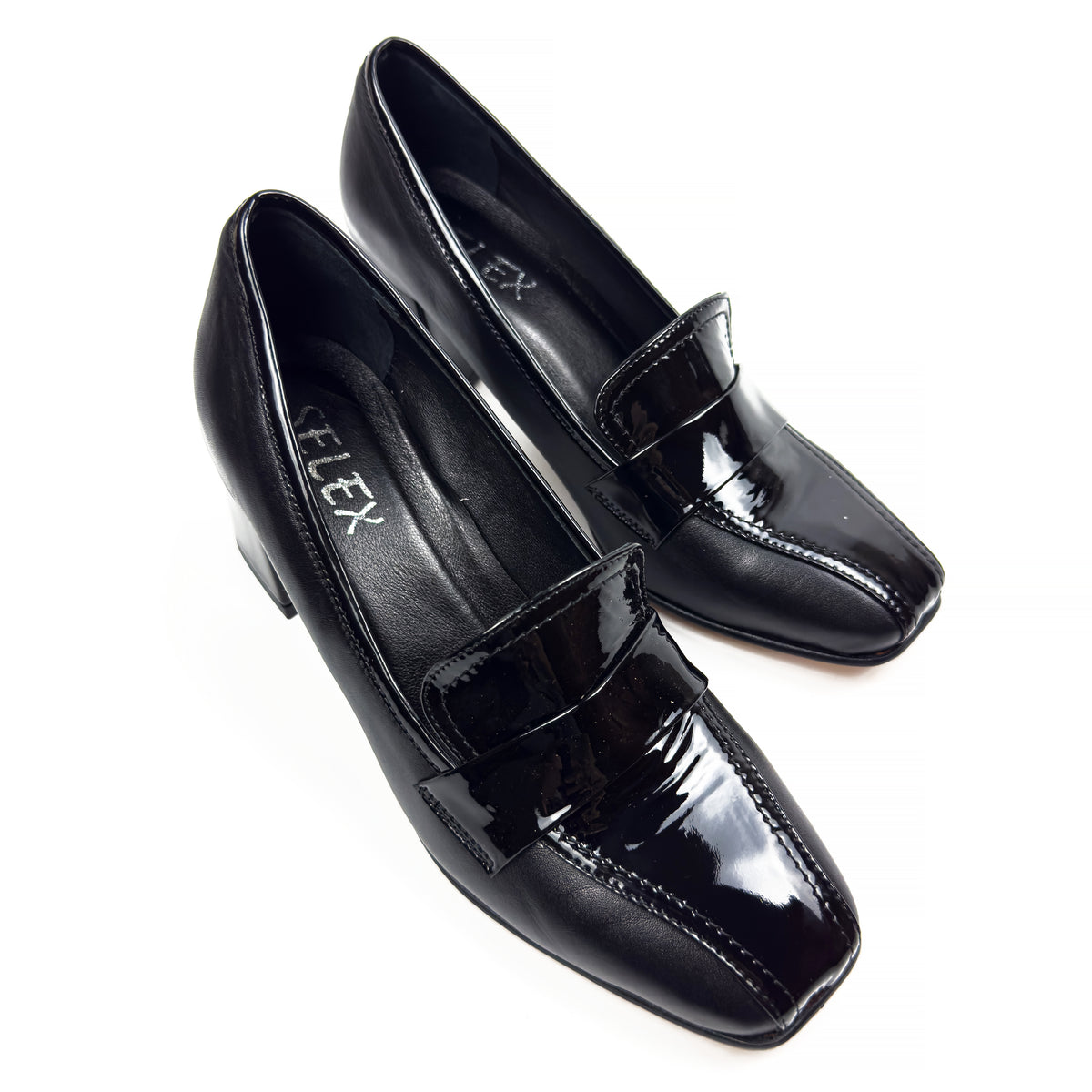 Mocassins à Talon Carré pour Femme en Vrai Cuir Lisse et Verni