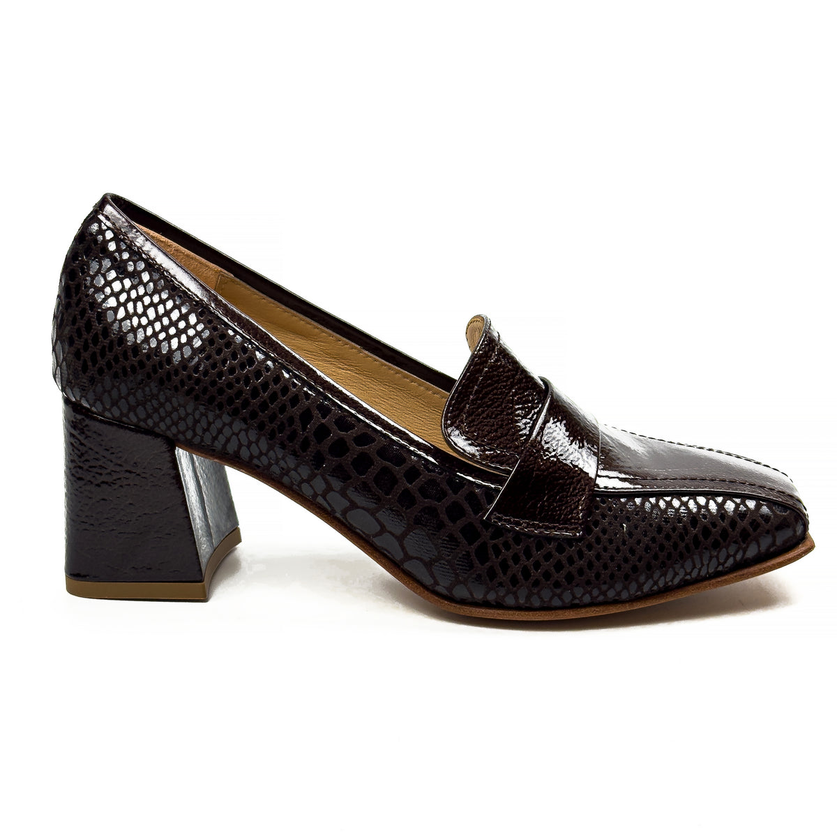 Mocassins à Talon Carré pour Femme en Vrai Cuir Effet Croco