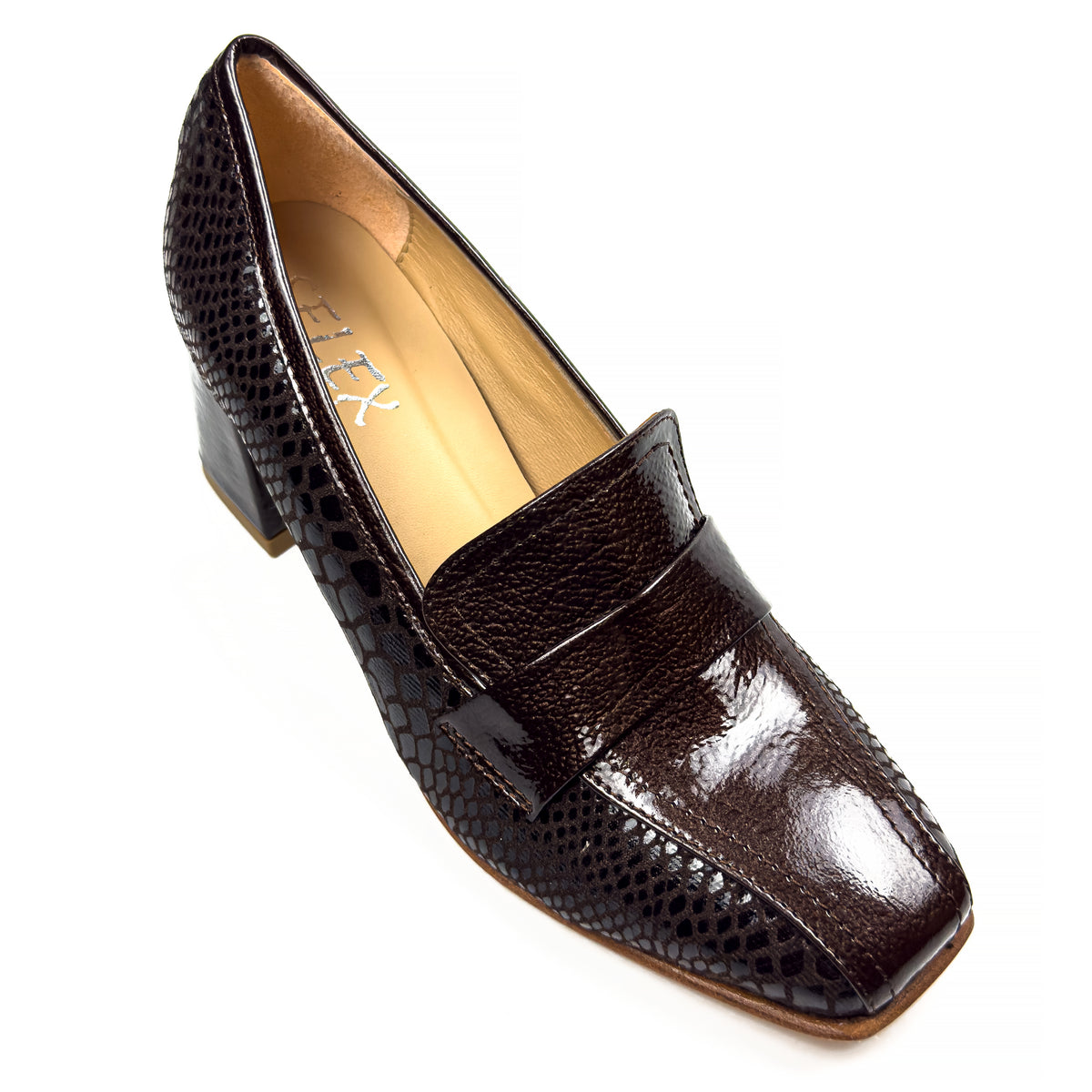 Mocassins à Talon Carré pour Femme en Vrai Cuir Effet Croco