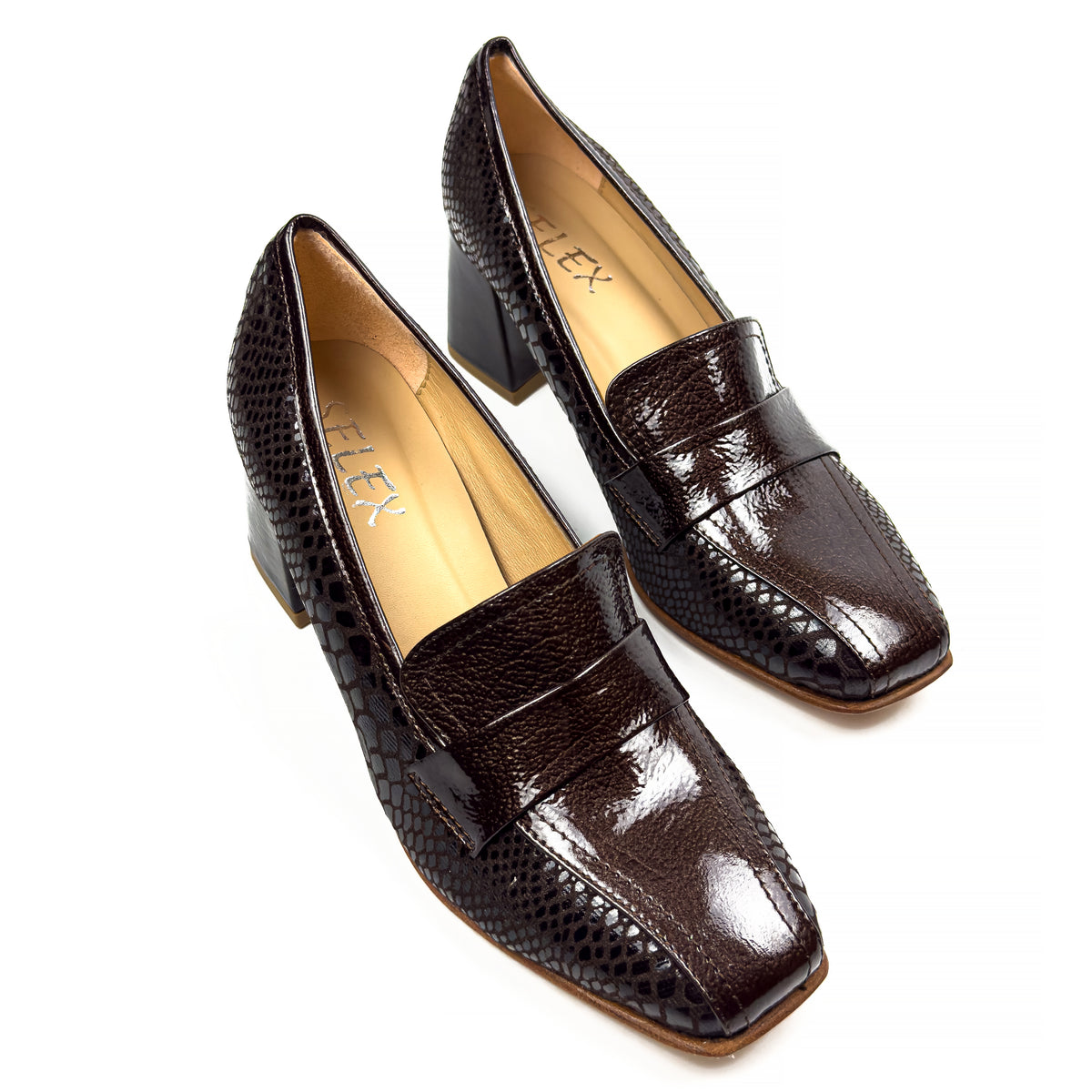 Mocassins à Talon Carré pour Femme en Vrai Cuir Effet Croco