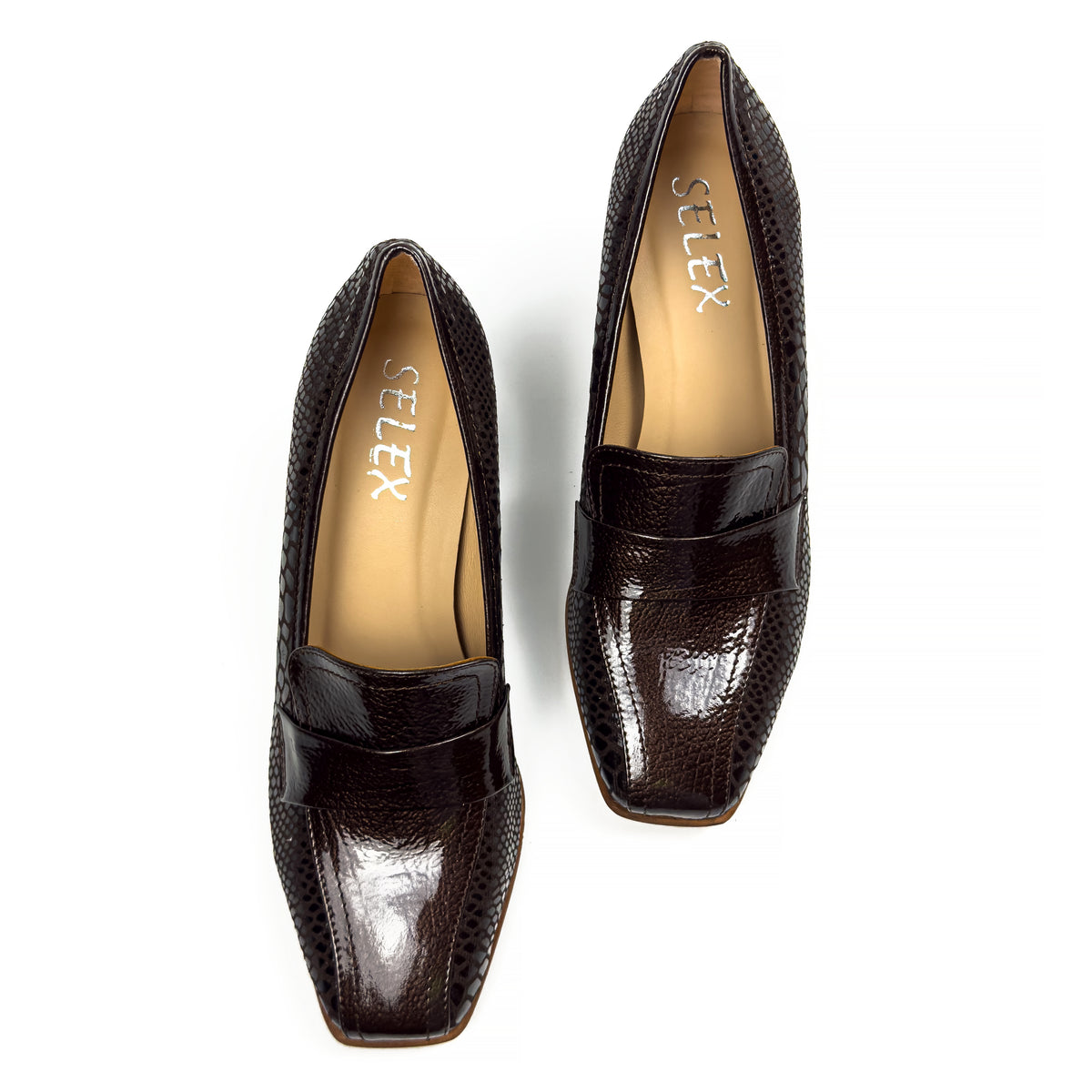 Mocassins à Talon Carré pour Femme en Vrai Cuir Effet Croco