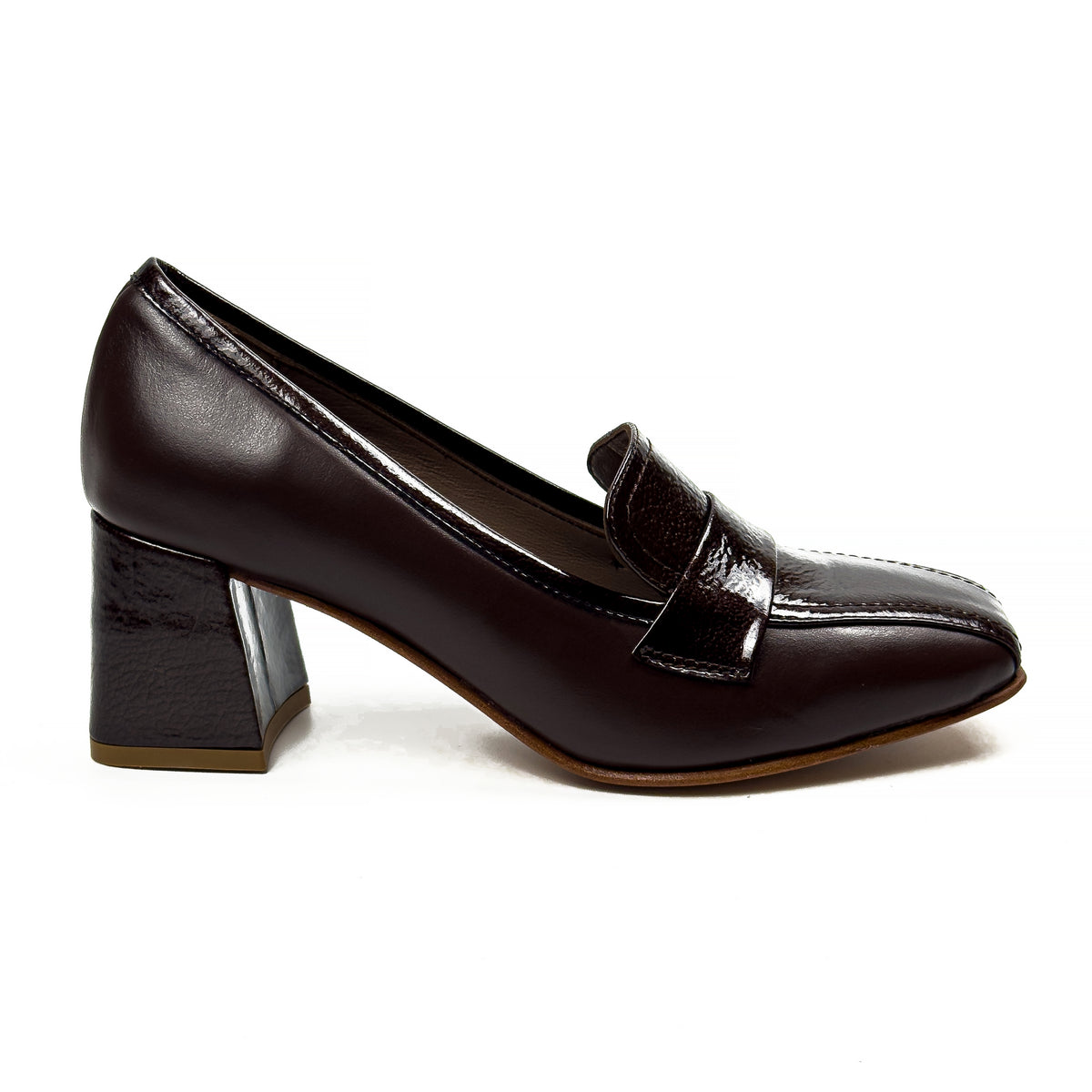 Mocassins à Talon Carré pour Femme en Vrai Cuir Lisse et Verni