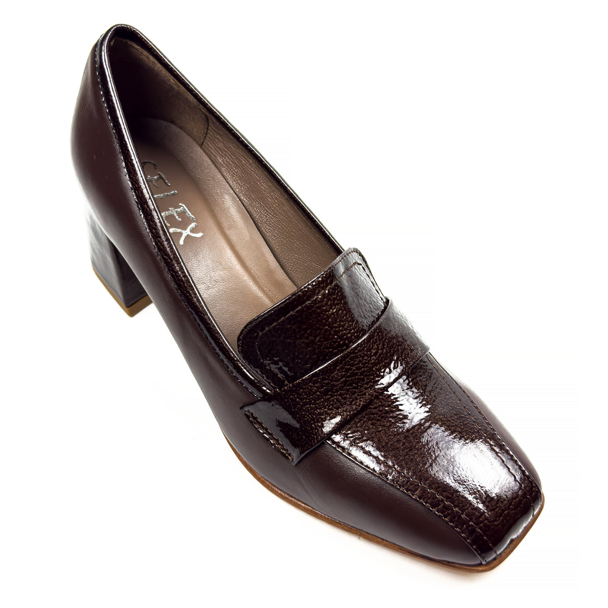 Mocassins à Talon Carré pour Femme en Vrai Cuir Lisse et Verni