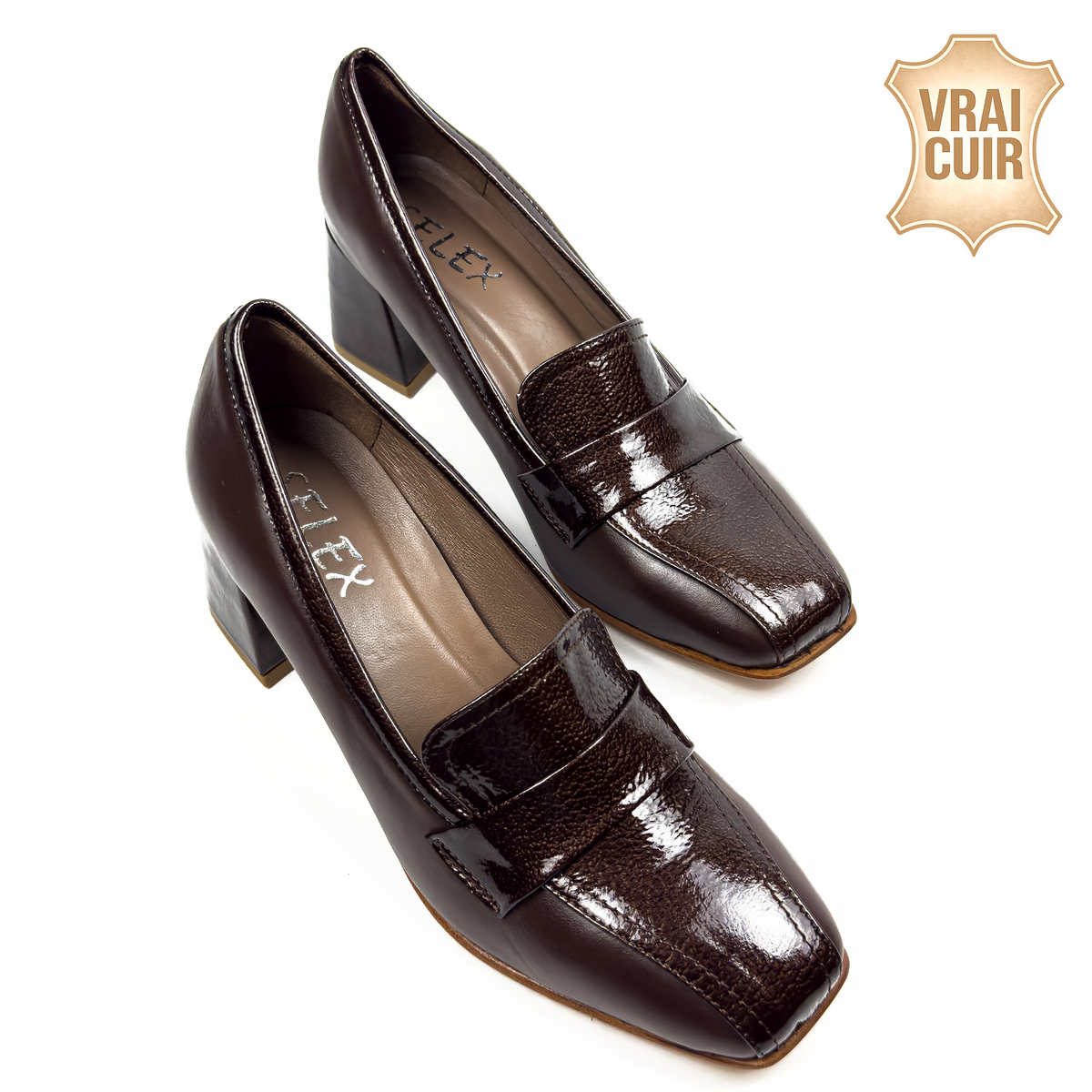 Mocassins à Talon Carré pour Femme en Vrai Cuir Lisse et Verni