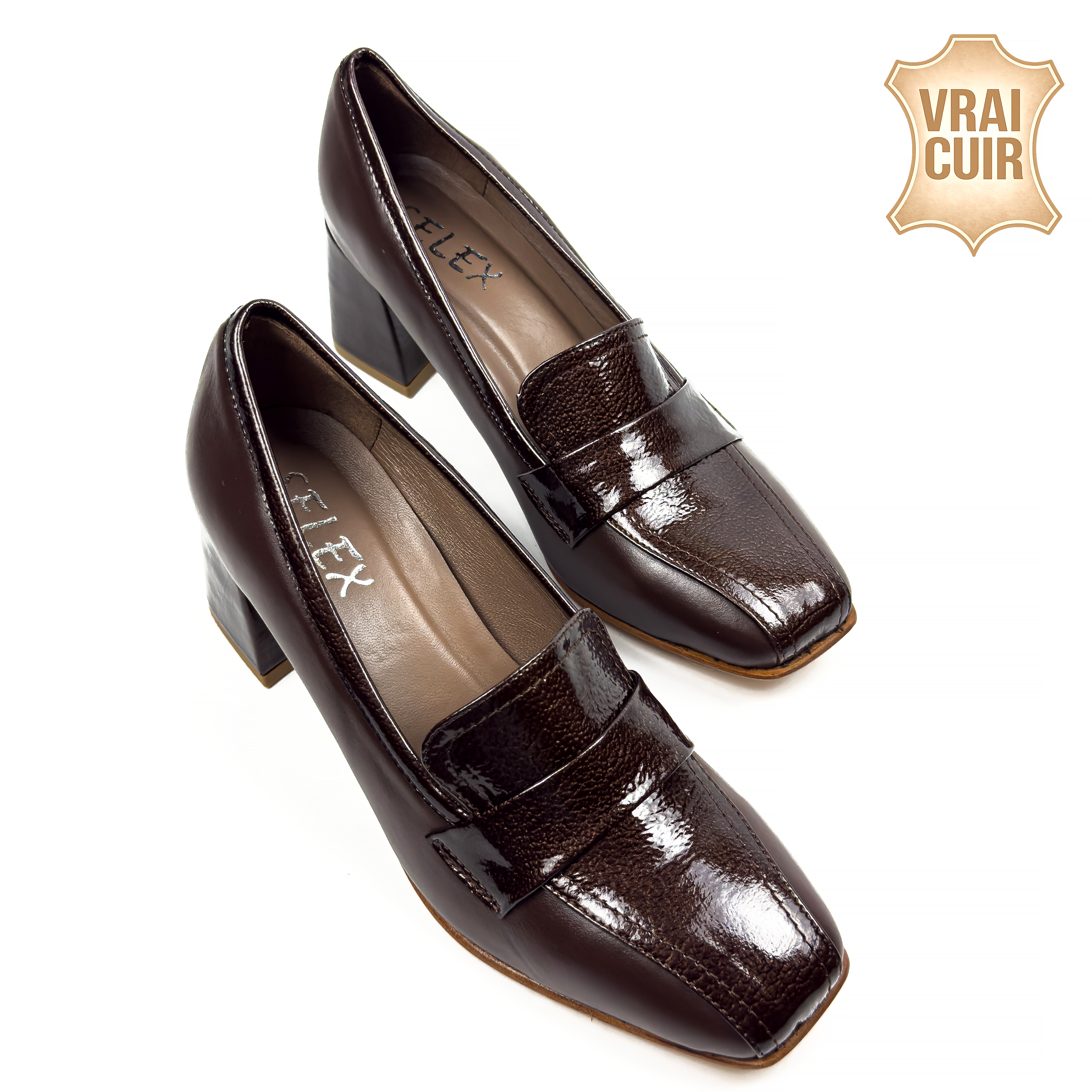 Mocassins à Talon Carré pour Femme en Vrai Cuir Lisse et Verni