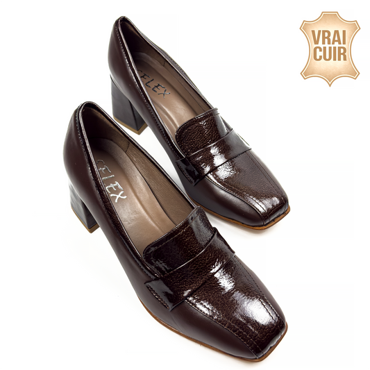 Mocassins à Talon Carré pour Femme en Vrai Cuir Lisse et Verni