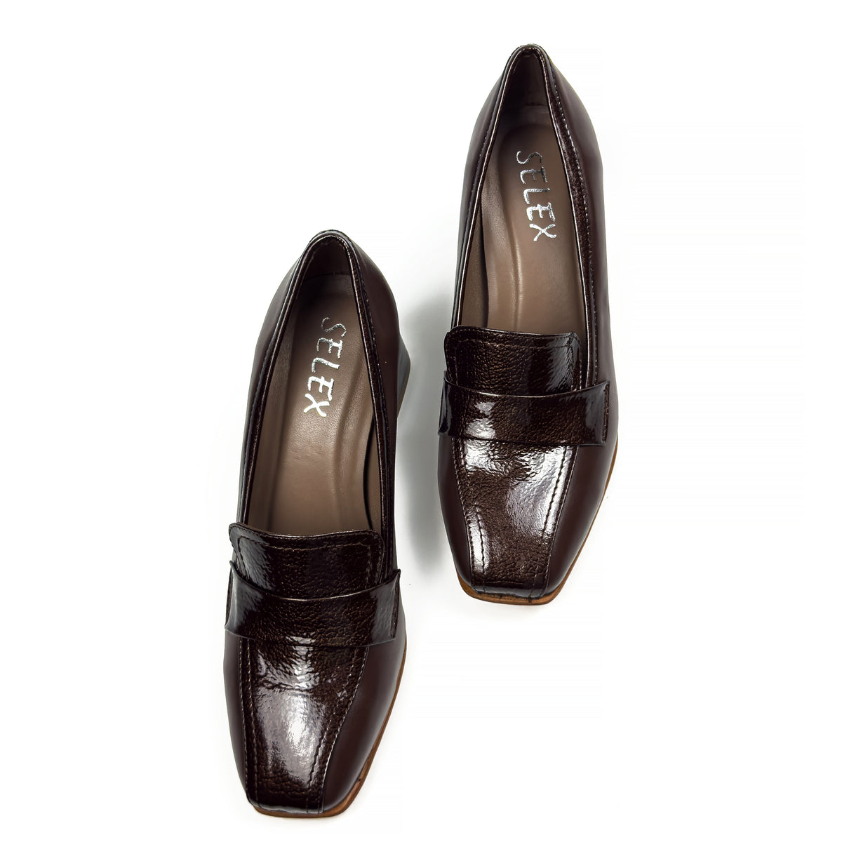 Mocassins à Talon Carré pour Femme en Vrai Cuir Lisse et Verni