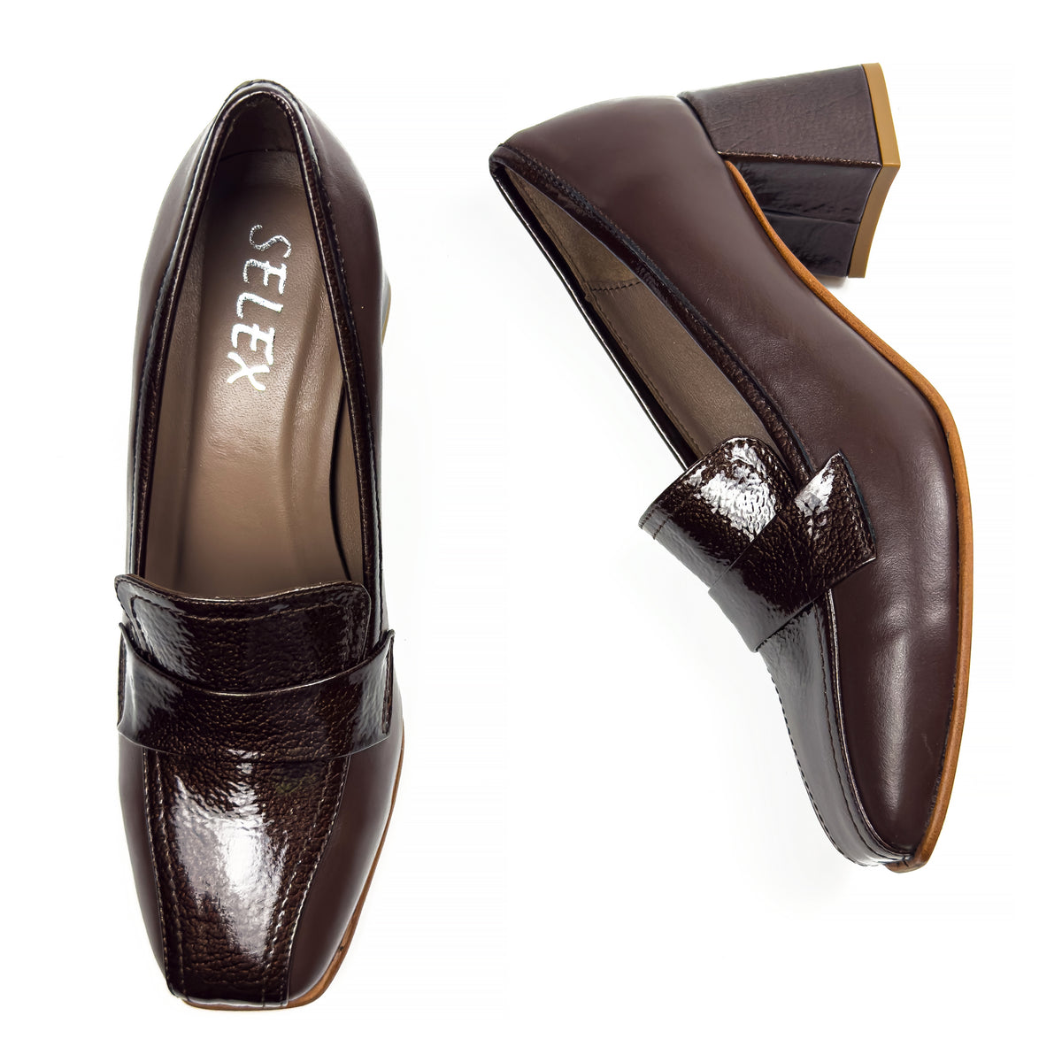 Mocassins à Talon Carré pour Femme en Vrai Cuir Lisse et Verni