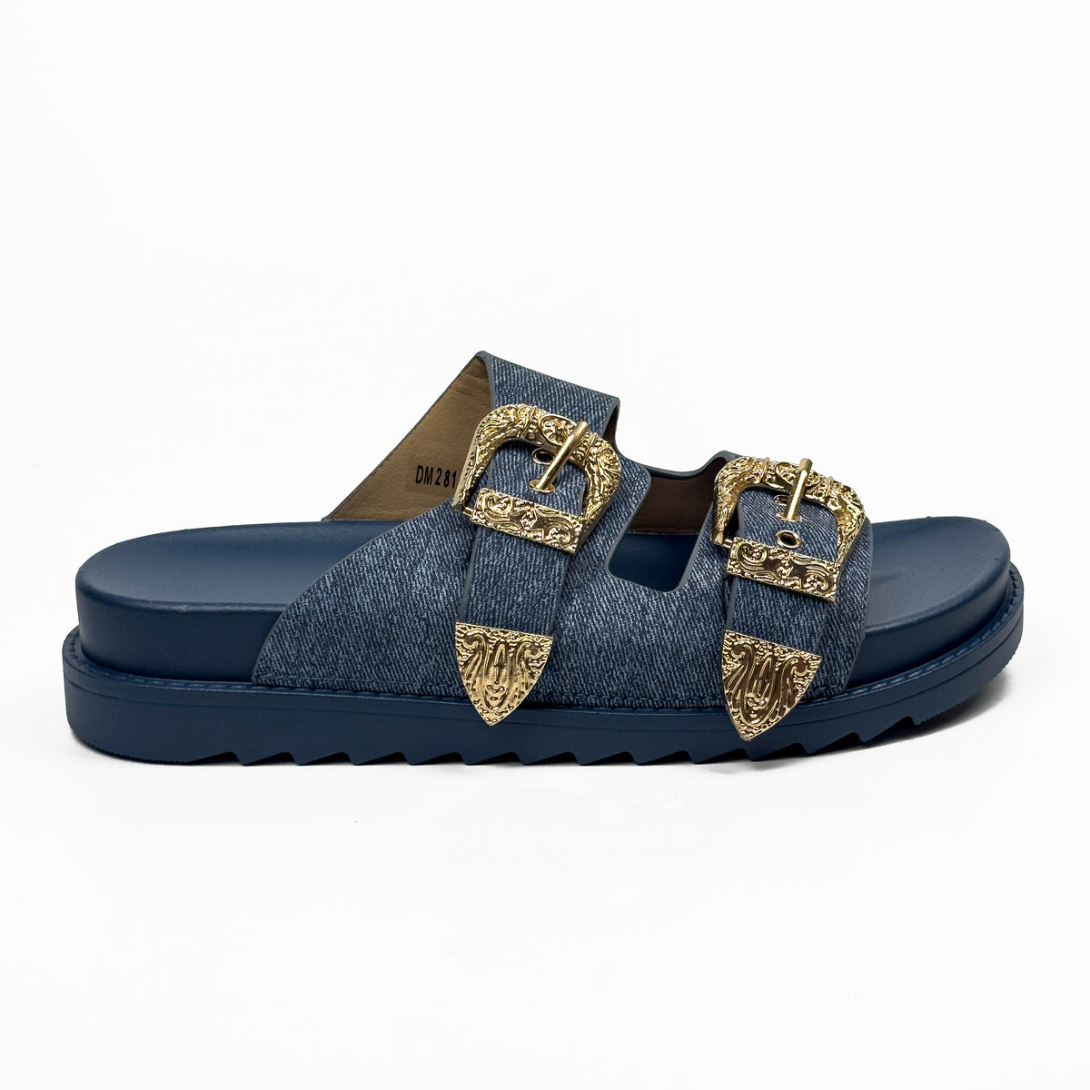 Sandales Mules à Double Bride et Boucles Dorées Cisclées
