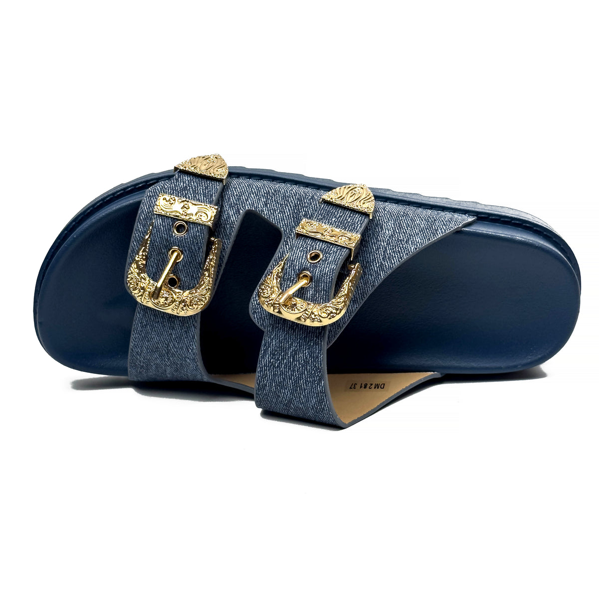 Sandales Mules à Double Bride et Boucles Dorées Cisclées