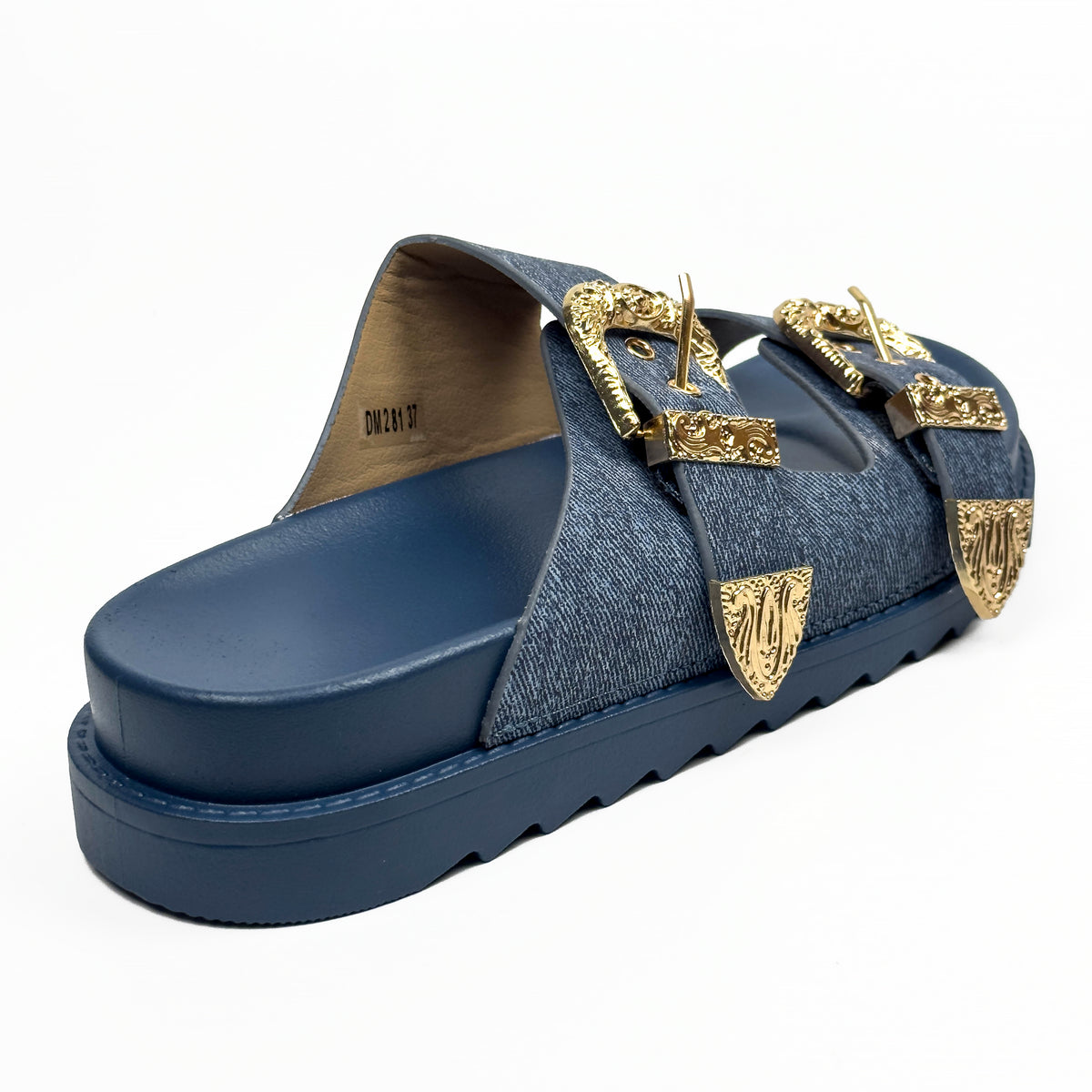 Sandales Mules à Double Bride et Boucles Dorées Cisclées