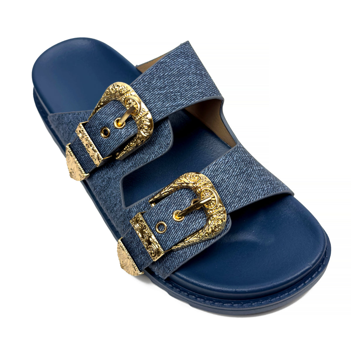Sandales Mules à Double Bride et Boucles Dorées Cisclées