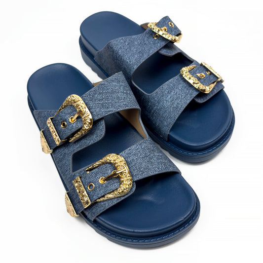 Sandales Mules à Double Bride et Boucles Dorées Cisclées