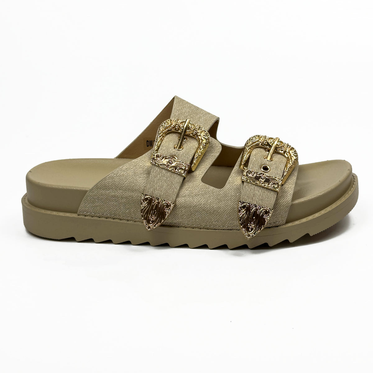 Sandales Mules à Double Bride et Boucles Dorées Cisclées