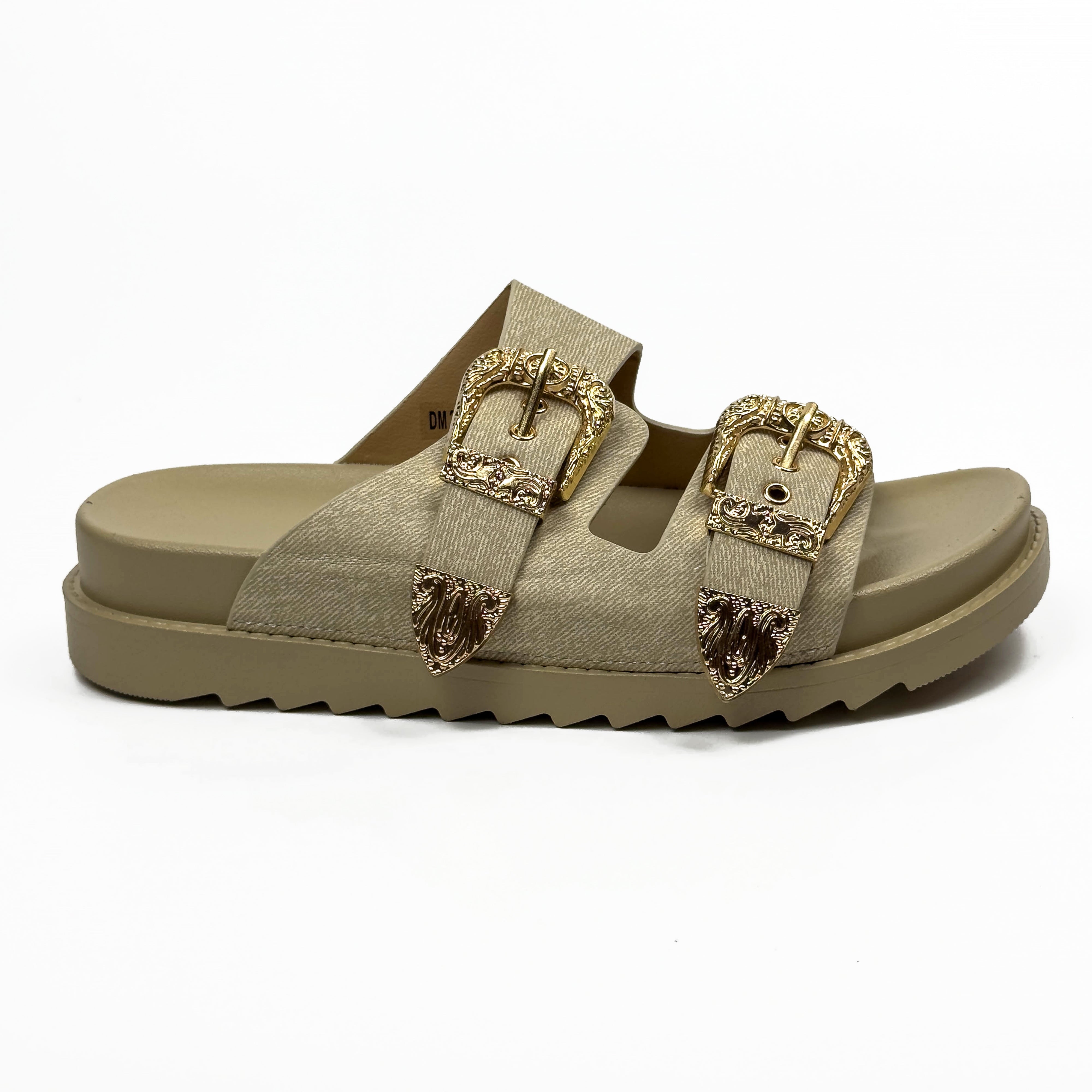 Sandales Mules à Double Bride et Boucles Dorées Cisclées