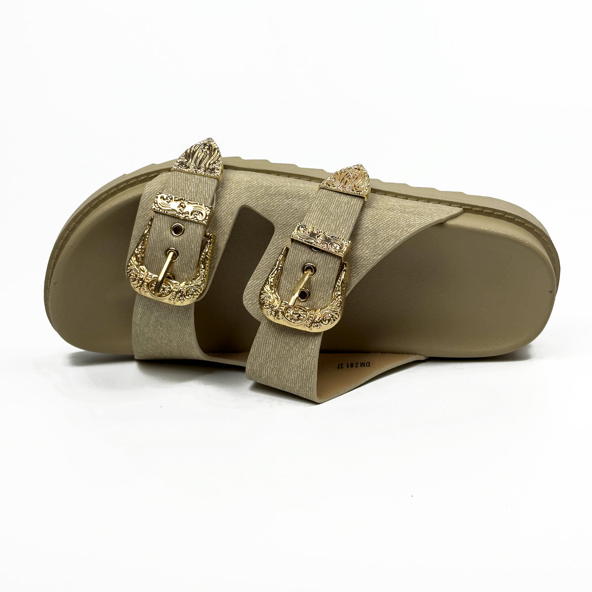 Sandales Mules à Double Bride et Boucles Dorées Cisclées