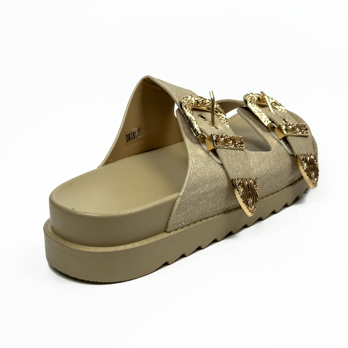 Sandales Mules à Double Bride et Boucles Dorées Cisclées