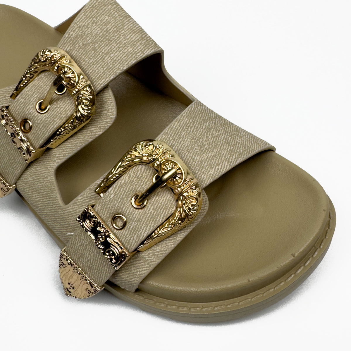 Sandales Mules à Double Bride et Boucles Dorées Cisclées