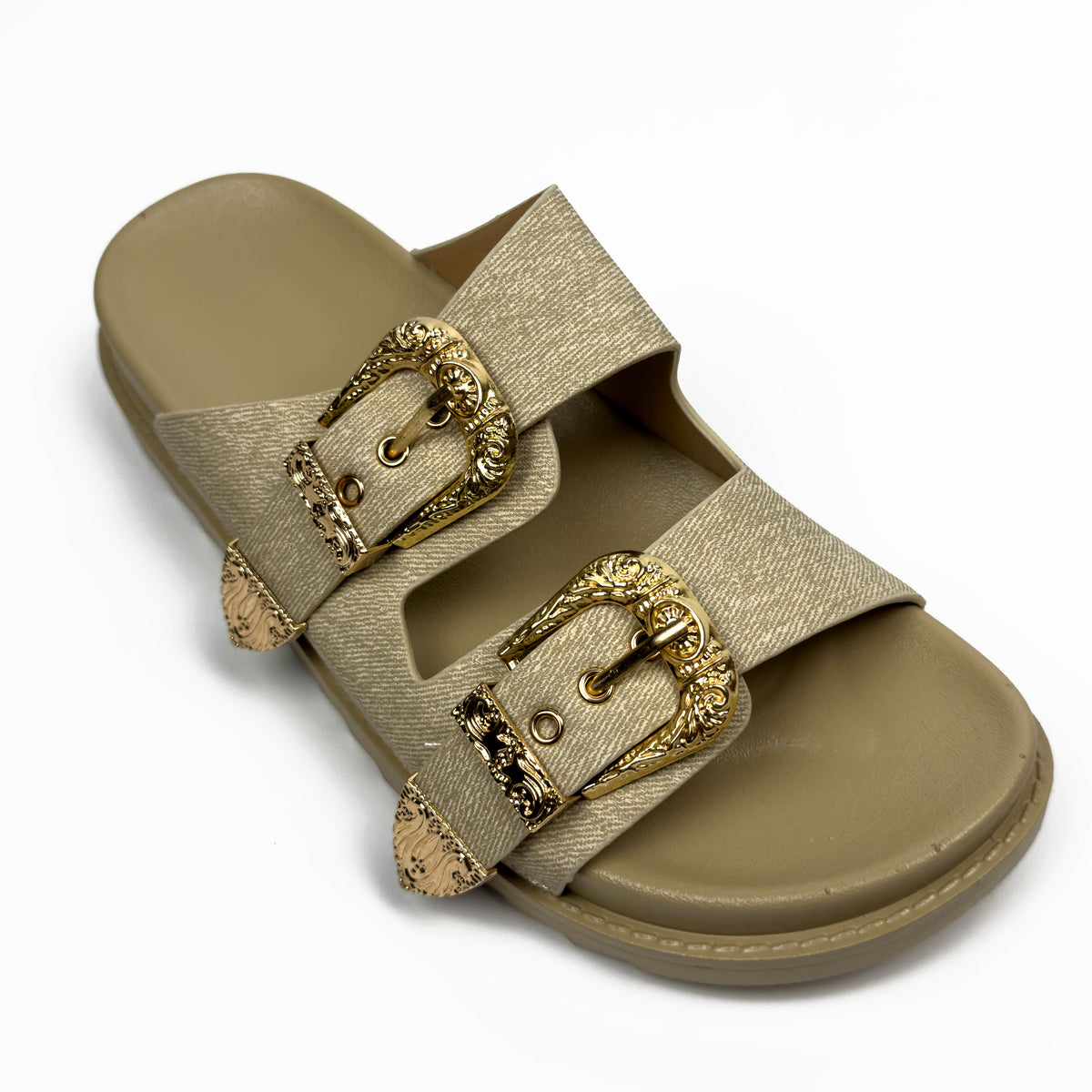 Sandales Mules à Double Bride et Boucles Dorées Cisclées