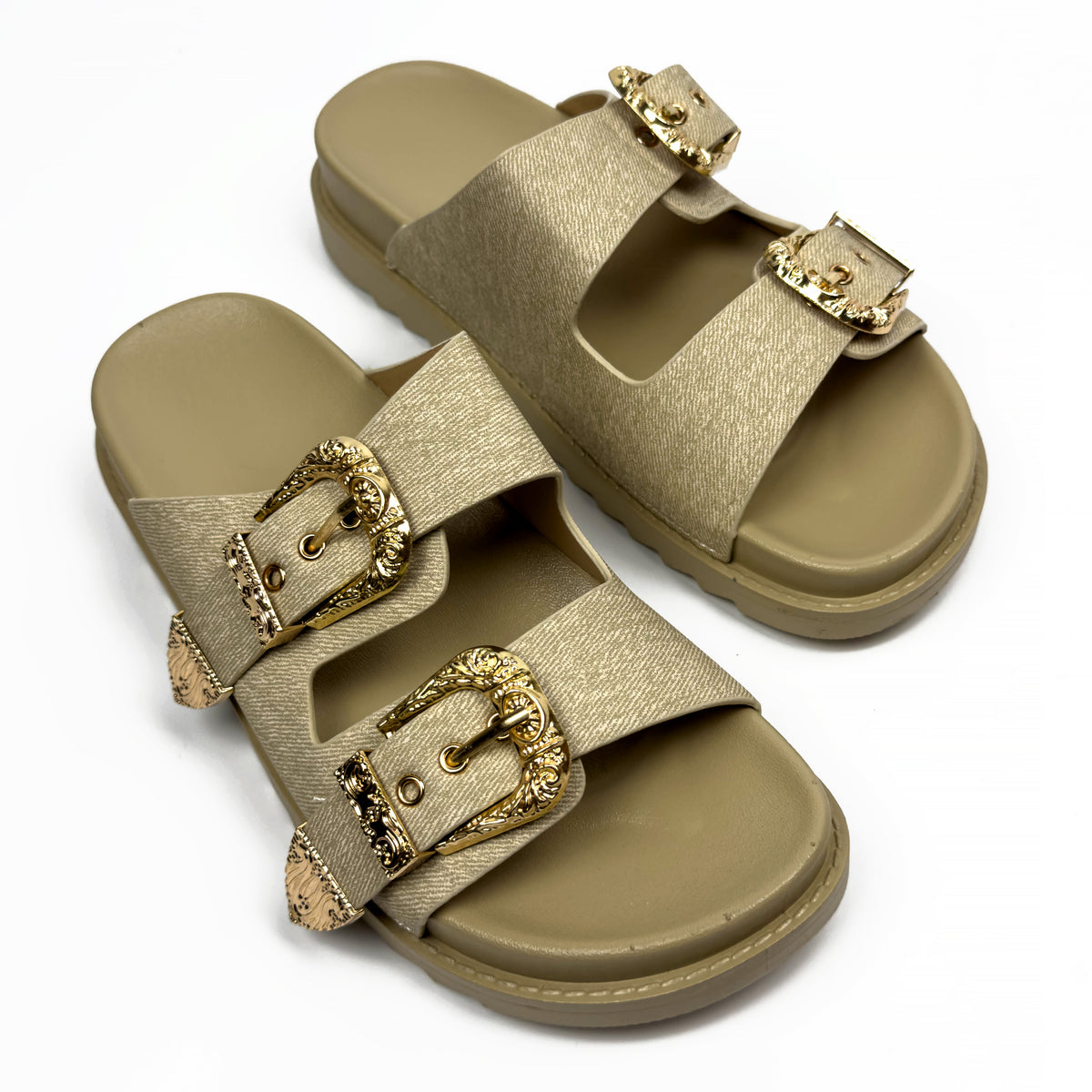 Sandales Mules à Double Bride et Boucles Dorées Cisclées