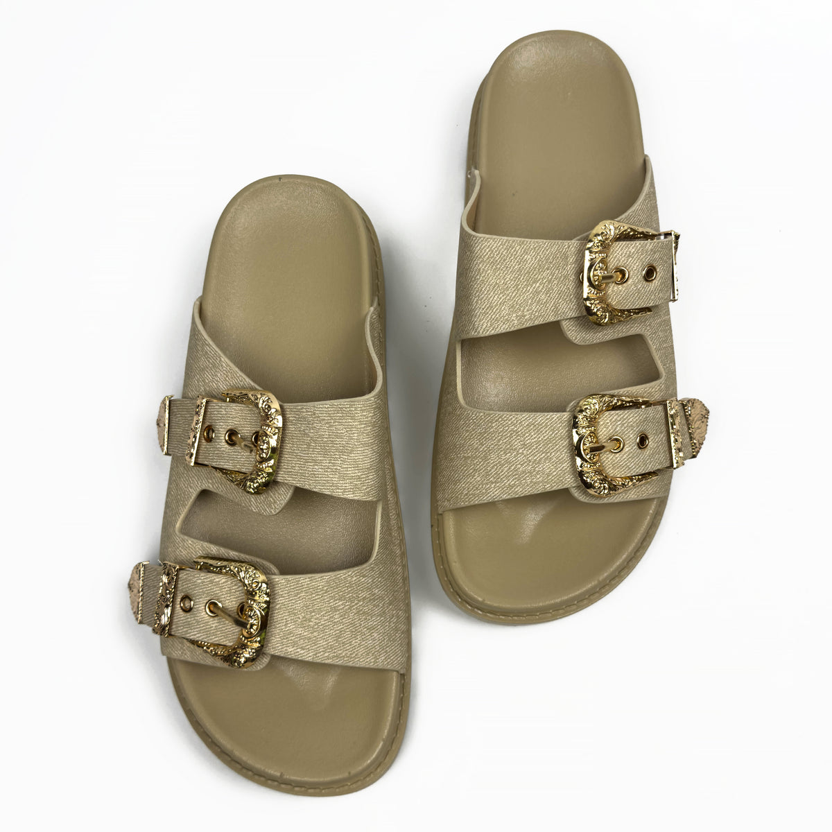 Sandales Mules à Double Bride et Boucles Dorées Cisclées