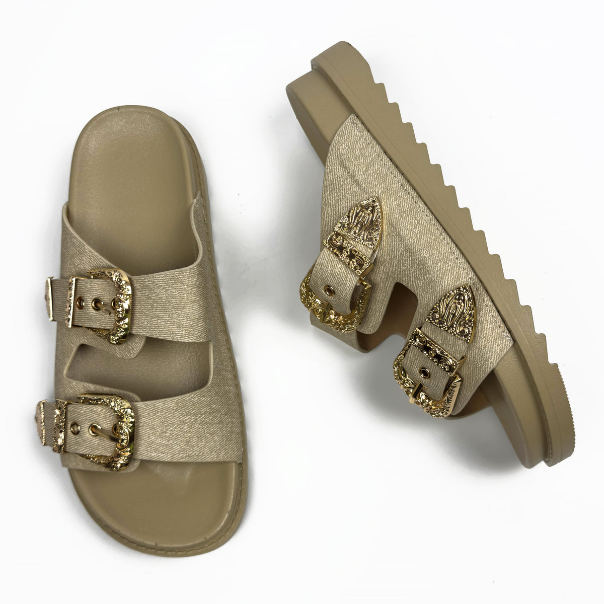 Sandales Mules à Double Bride et Boucles Dorées Cisclées