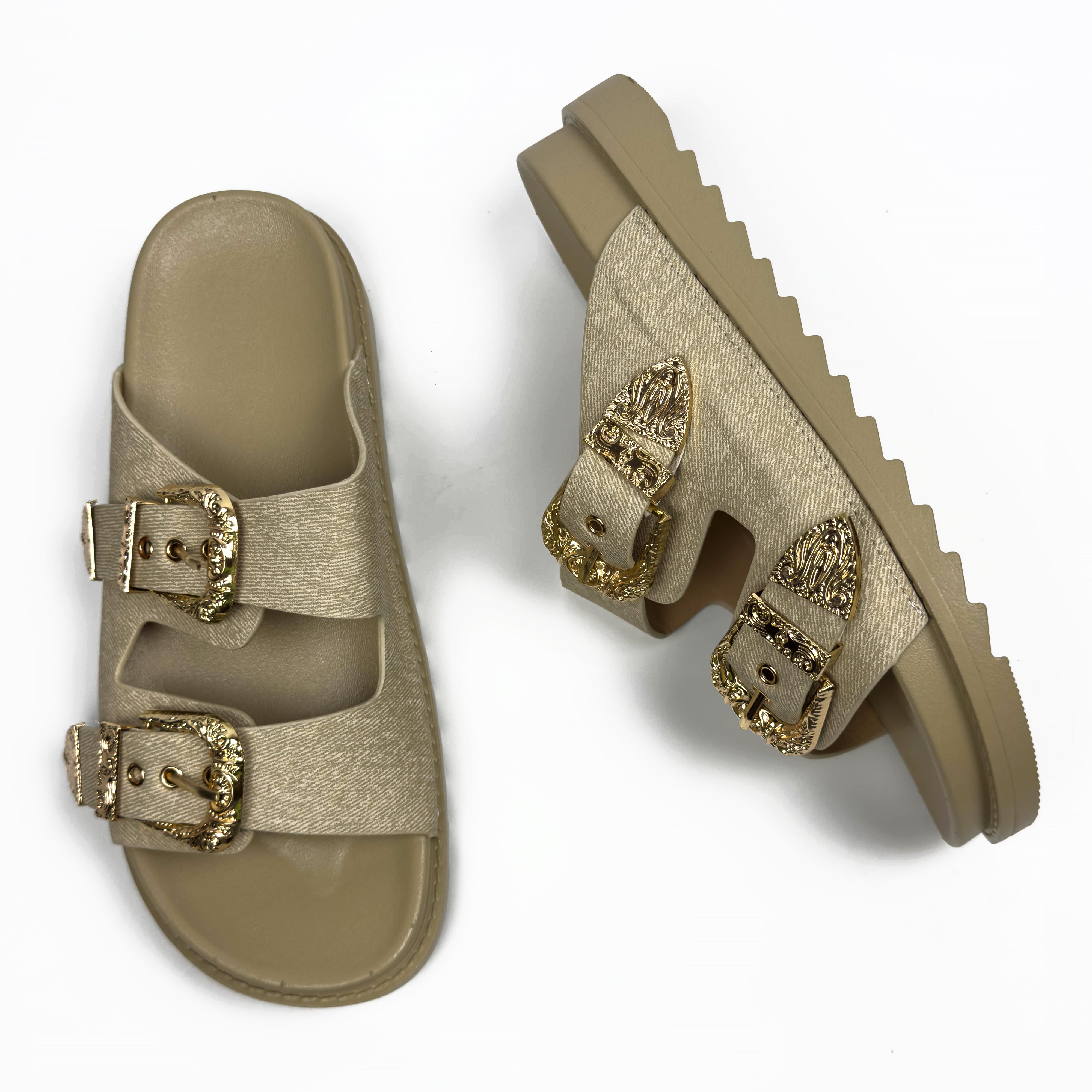 Sandales Mules à Double Bride et Boucles Dorées Cisclées